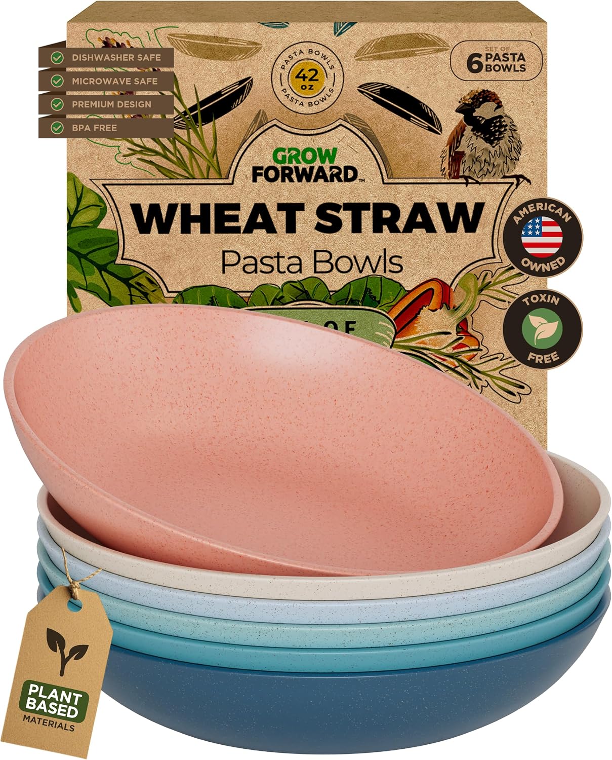  Premium Wheat Straw Pasta Bowls - 42oz Unbreakable Wide & Shallow Dinner Plate Bowls Set of 6 - Microwave Safe Reusable Plastic Pasta Bowls for Kids, Adults, Salad, Camping, RV - Tropical