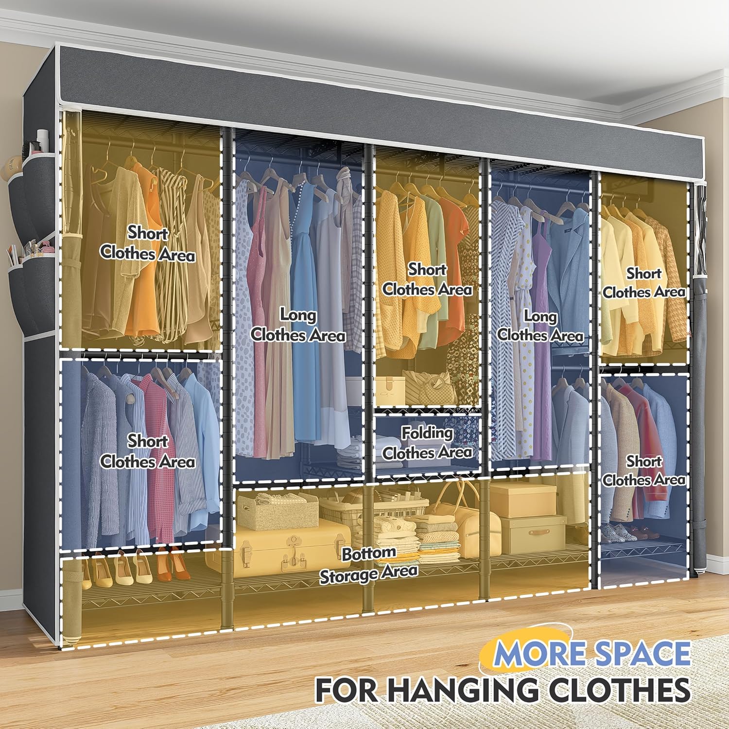 వివరంగా view of the Raybee clothes rack compartments, showing areas for short and long clothes, folding clothes, and bottom storage.