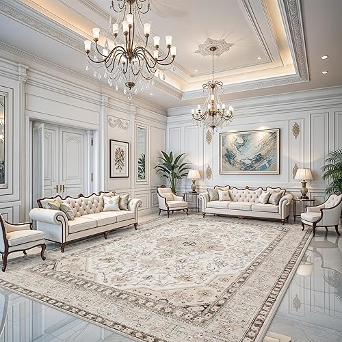 12x15 Area Rug for Living Room: Large Soft Distressed Oriental Rugs with Non-Slip Backing Ultra Thin Farmhouse Bedroom Carpets - Stain Resistant Indoor Rug - 12' by 15' Ivory/Grey/Multi