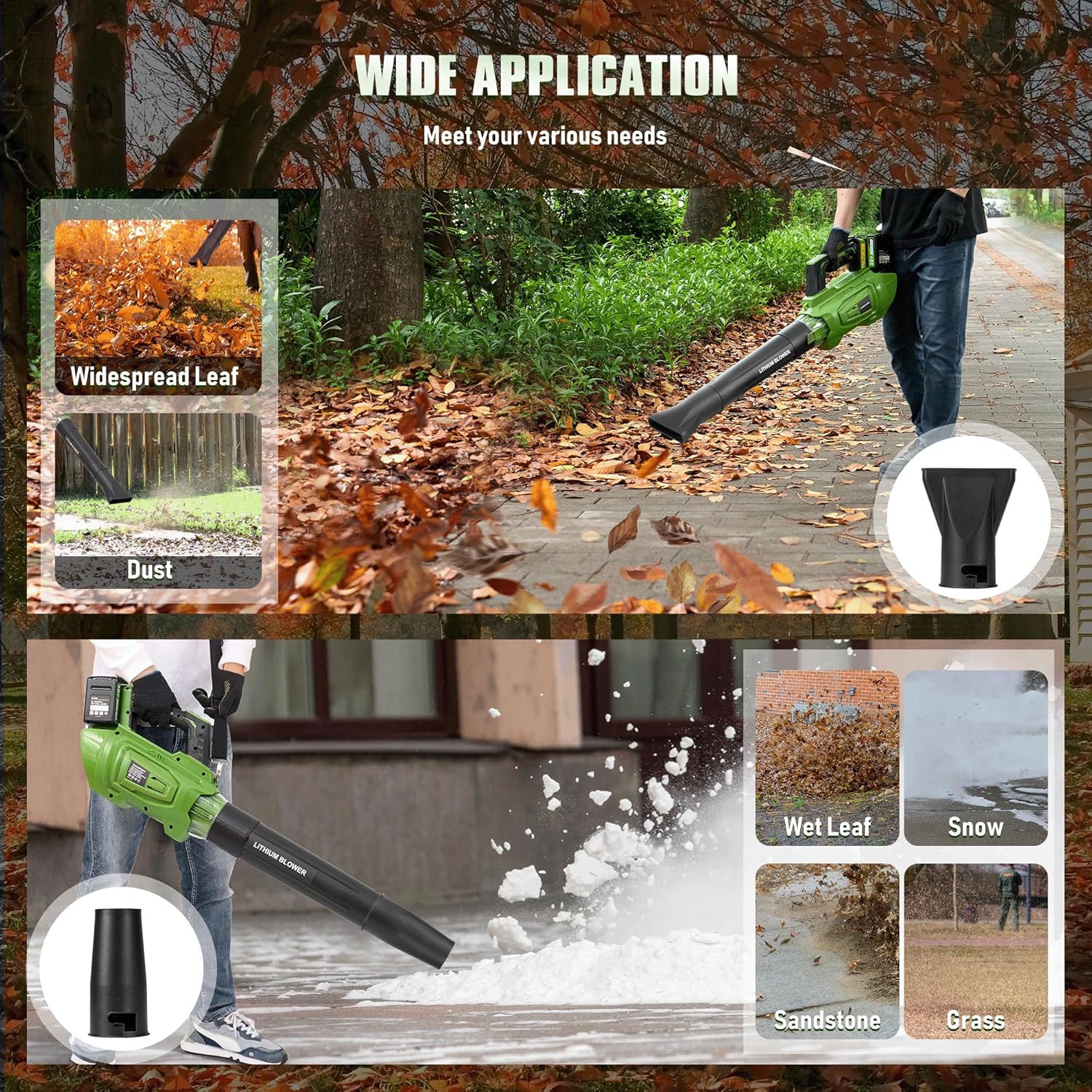 Cordless Brushless Leaf Blower, 5 Speed Modes, 2 x 4.0Ah Batteries can be Used and Charged Simultaneously, 620MPH, 150CFM Leaf Blower, 2 Nozzles, 23000RPM Motor, Use for Lawn, Yard, Leaves, Dust, Snow - Image 7