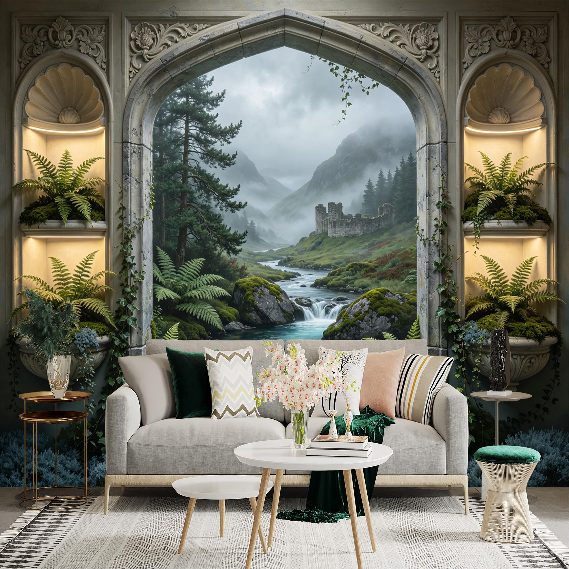 Lnzczhyre Dbh260521062 Custom Size Wall Sticker Mural， Stone Archway View， Misty Highland Valley， Ancient Fortress Ruins， Forest River Landscape， For Wall Decoration， Peelandstick Wall Decals.