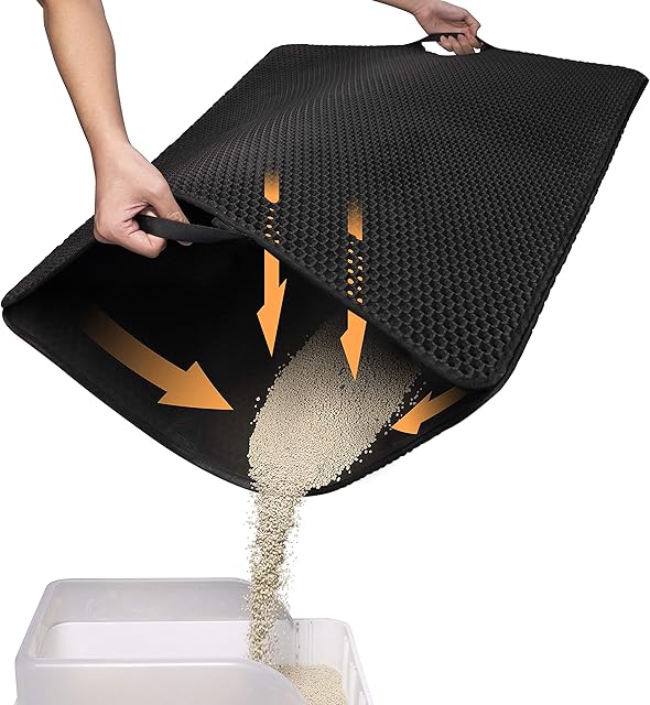 Conlun Cat Litter Mat Kitty Litter Trapping Mat 80 x 62 cm ,Honeycomb Double Layer, Urine Waterproof,Jumbo Cat Litter Tray with Handle,Litter Box Mat Scatter Control, Less Waste, Non-Slip,Black