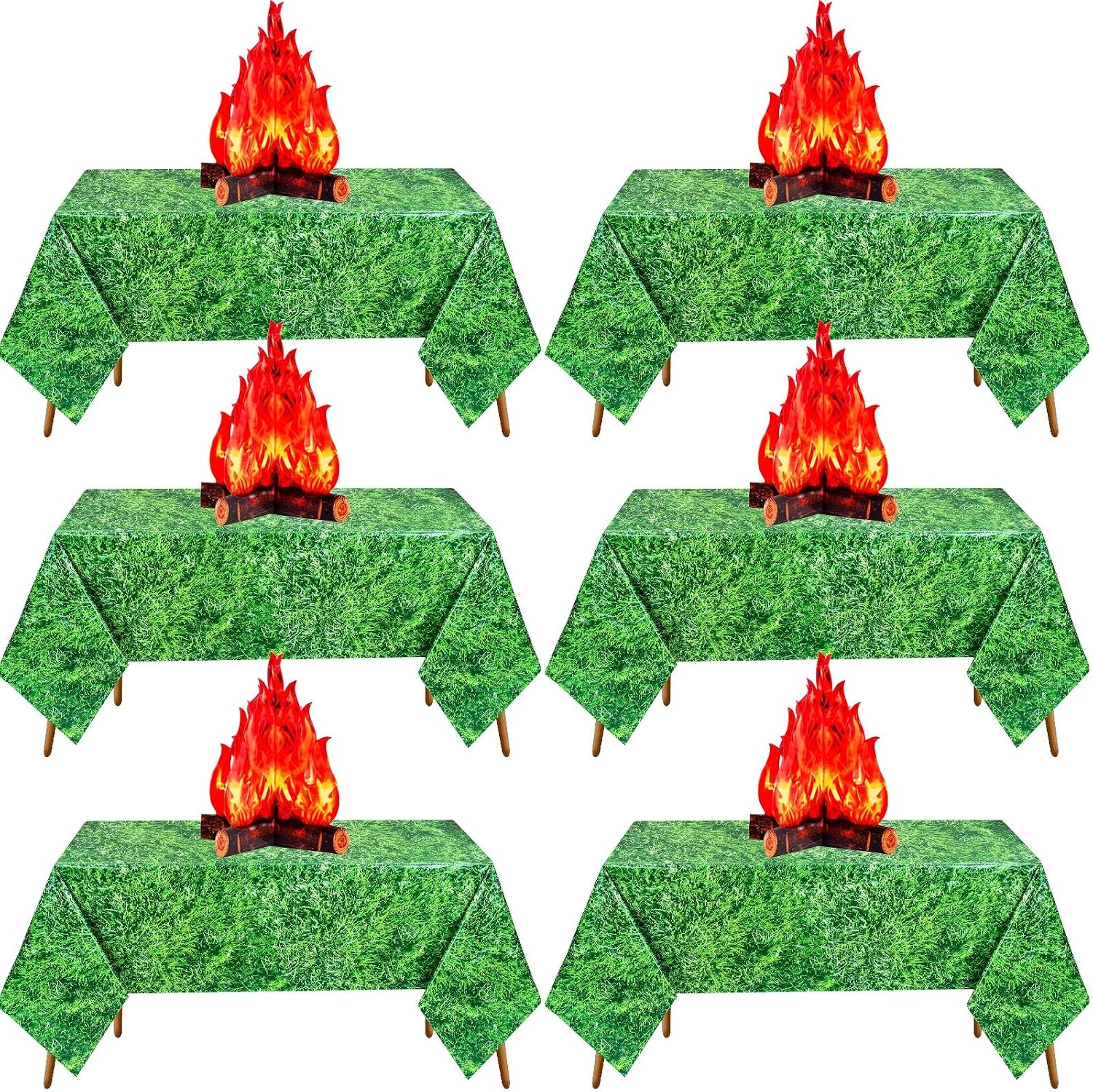 Hahafelt 6 Set Fake Fire Flame Camping Decoration Disposable Green Grass Tablecloth and 3D Cardboard Fake Campfire Decorative Centerpiece for Camp Hiking Birthday Party Supplies