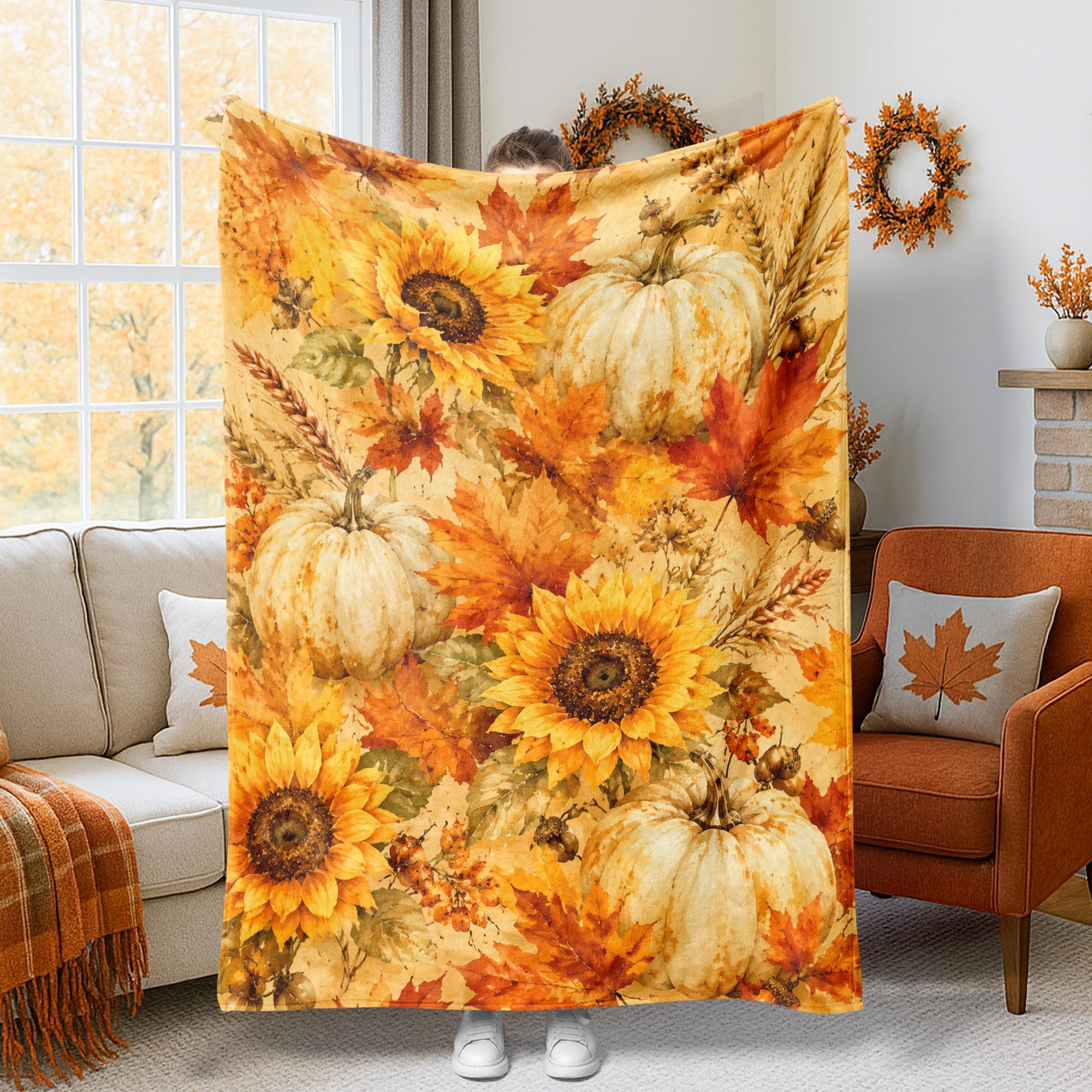 Jeté en fourrure jaune d'automne 127x152 cm à motif de tournesol pour canapé