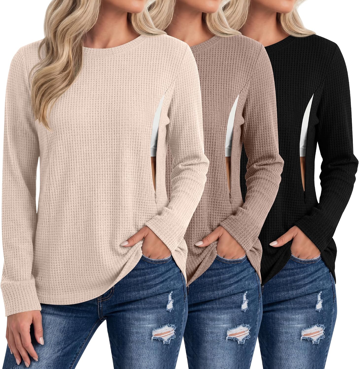 Neer 3 Pack Women's Nursing Hidden Zipper Long Sleeve Shirts