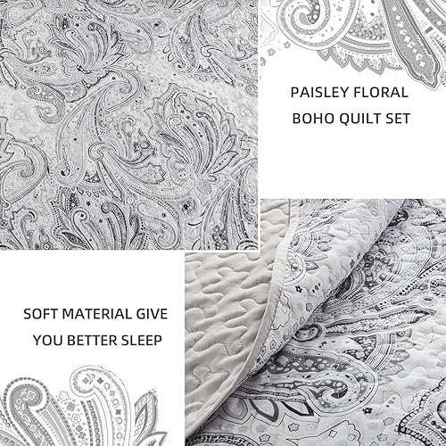 Miniatura 4 de DJY Juego de edredón de cachemira gris, tamaño Queen, color gris claro, bohemio, juego de edredón de 3 piezas, suave y ligero con estampado floral