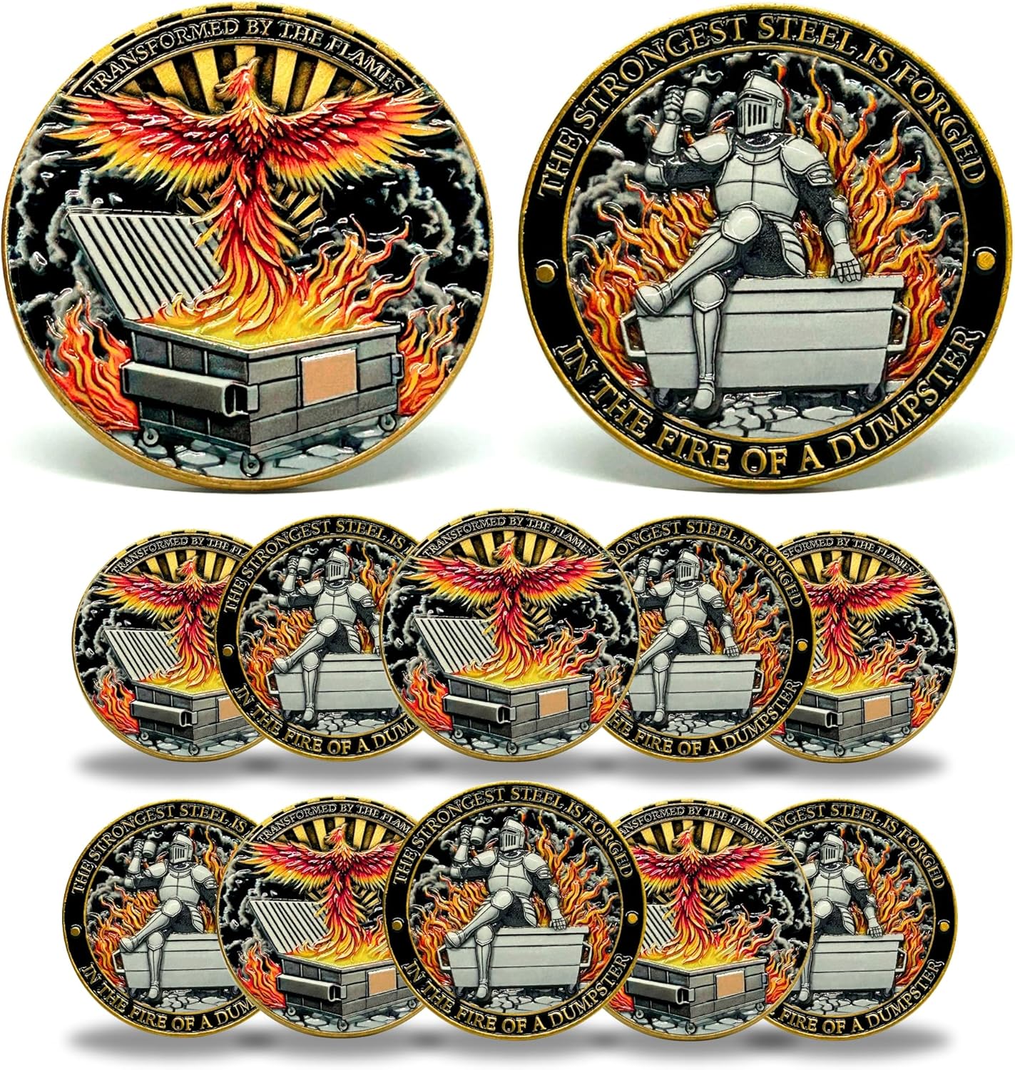 Dumpster Fire Challenge Coin - Phoenix & Knight Design - Transformed by The Flames & Strongest Steel Forged in Fire - Funny Accessories - Inspirational Gifts for Men, Women, Coworkers (5 Pcs)