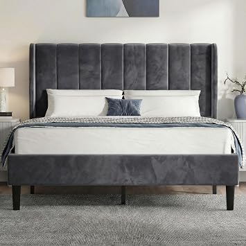 Blisswood Double Bed, Noise-Free 4ft6 Upholstered Platform Bed With Vertical Design Headboard/Velvet Fabric Double Bed Frame/Sturdy Wooden Slats Support & Under Bed Storage Dark Grey