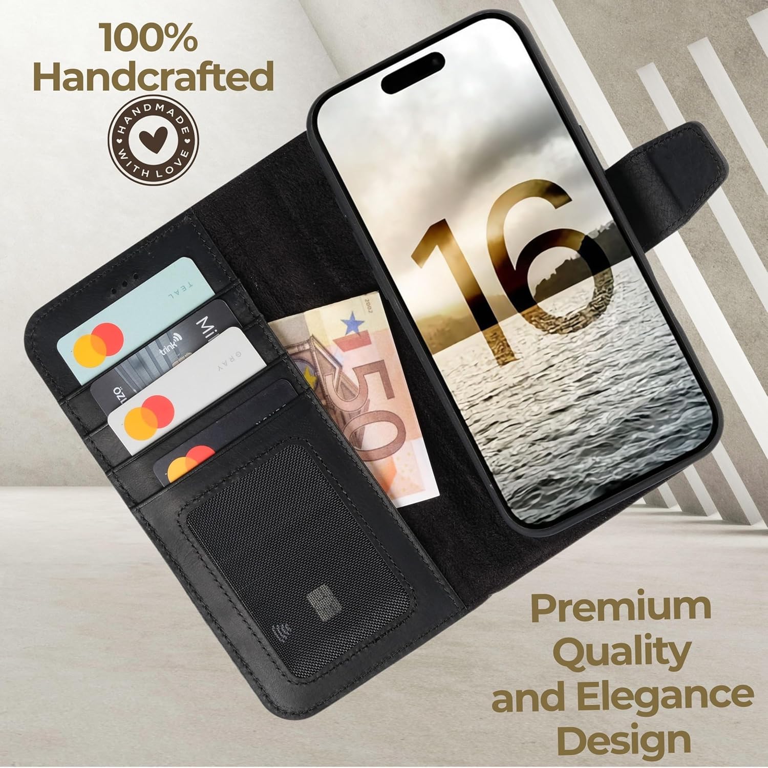 Handcrafted Wallet Case for iPhone 16 Pro MAX 6.9" | Detachable 2-in-1 Design | Crazy Horse Genuine Leather | 4 Card Slots | Compatible with Wireless Charge (Black)