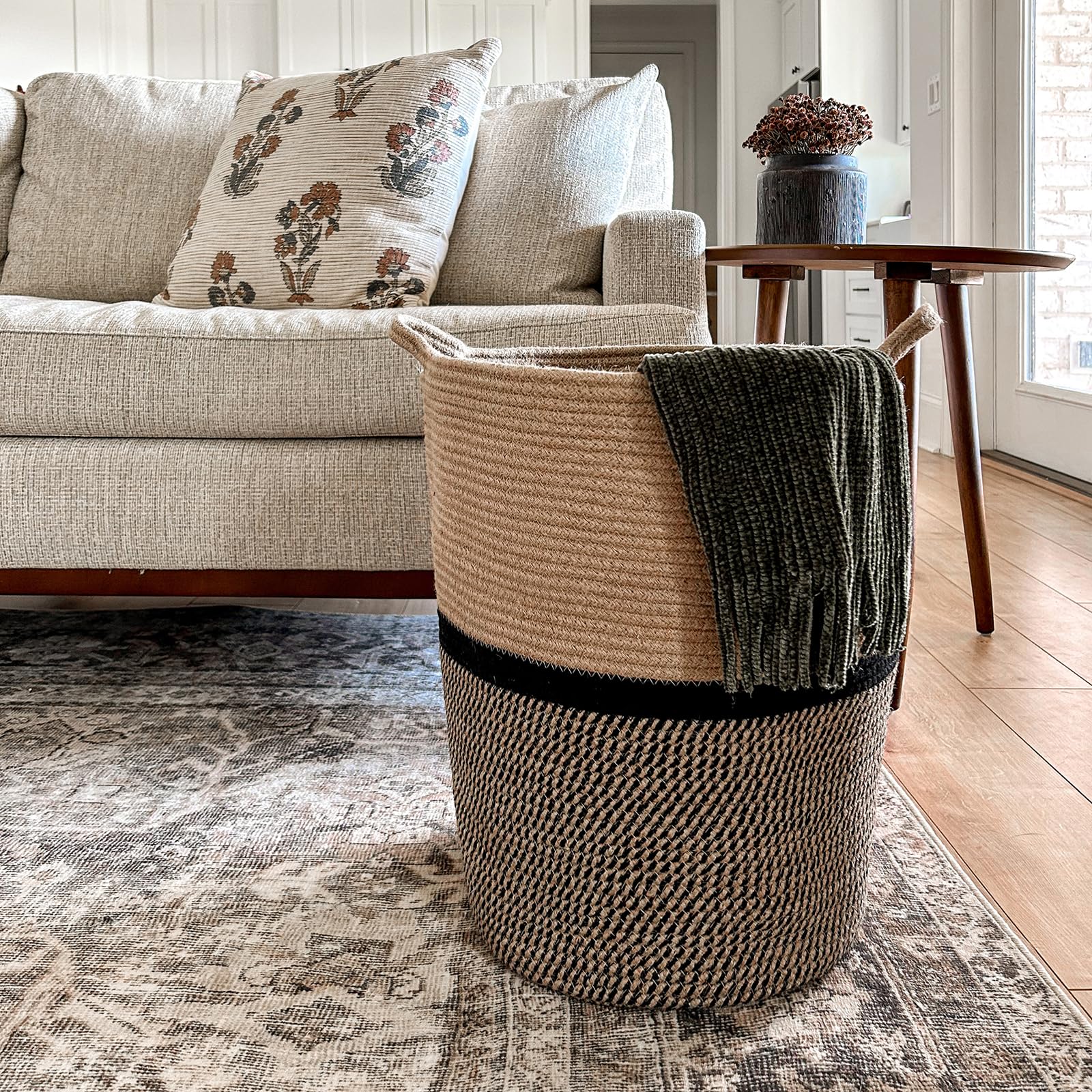 INDRESSME Wicker Laundry Hamper Tall Laundry Basket for Blankets, Clothes, Toys, Woven Storage Baskets for Living Room, Wicker Basket for Gifts, 17.8