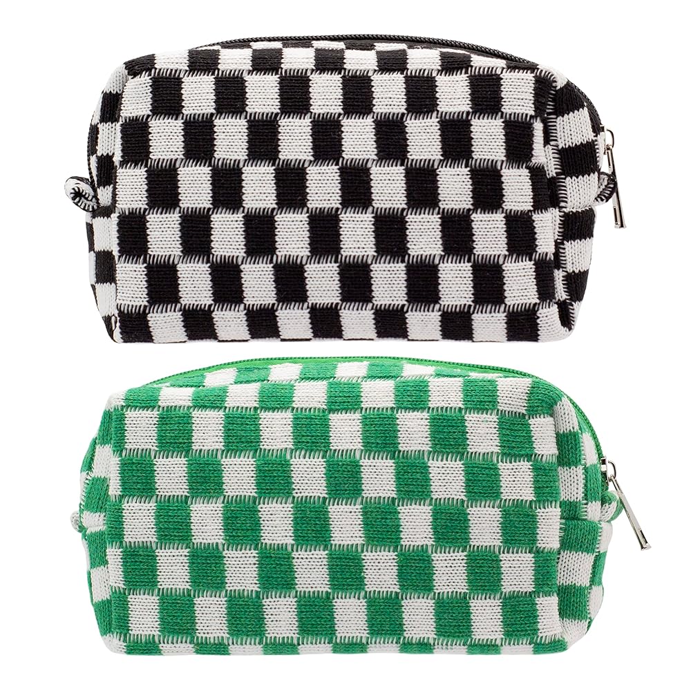 PAZIMIIK Checkered Makeup Bag for Purse Portable Zipper Make Up Pouch Small Cosmetic Case for Travel Accessories (2PCS Black Green)
