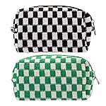 PAZIMIIK Checkered Makeup Bag for Purse Portable Zipper Make Up Pouch Small Cosmetic Case for Travel Accessories (2PCS Black Green)