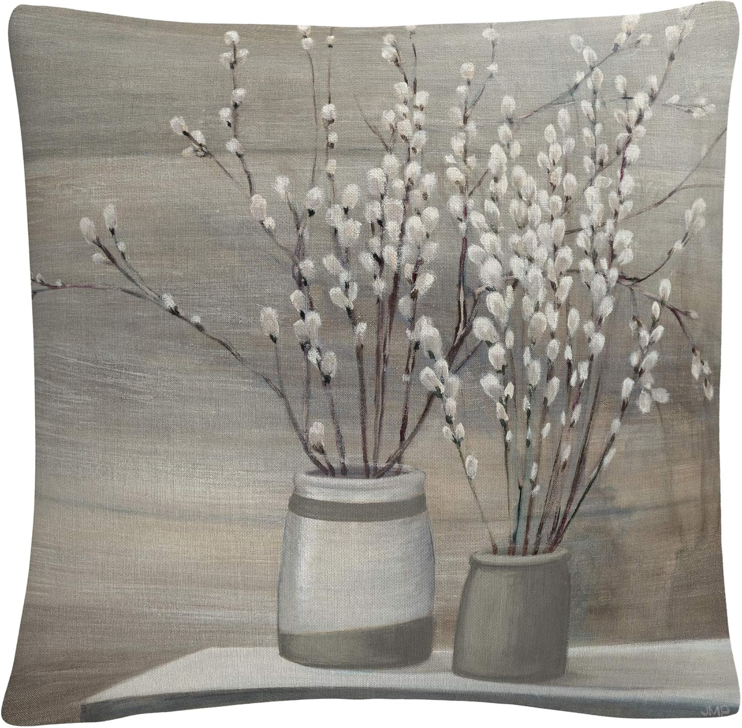 Trademark Fine Art Pussy Willow Still Life Gray Pots Crop by Julia Purinton, 16x16 Decorative Throw Pillow