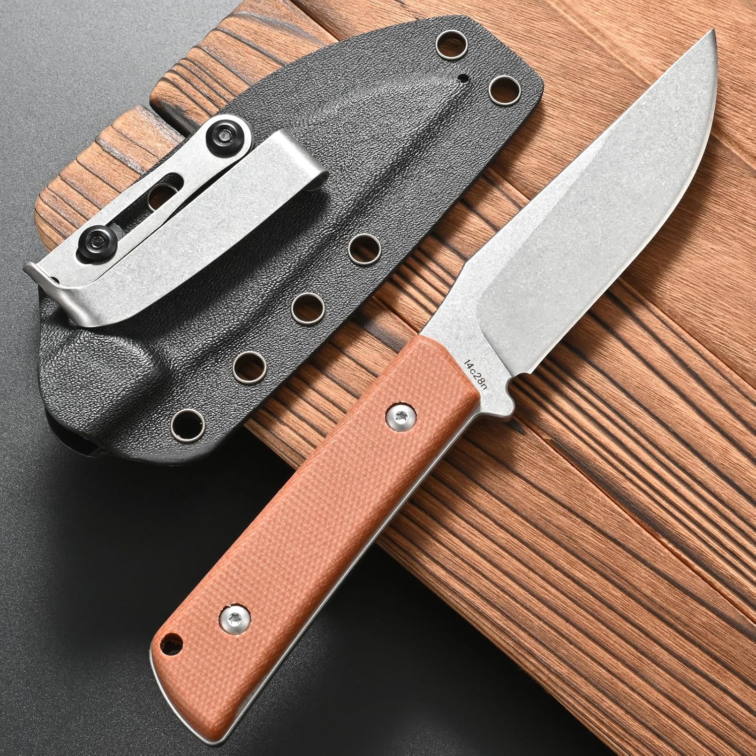 FF104 Fixed Blade Knife, 14C28N Steel Blade Micarta Handle Full Tang Knife for Outdoor Camping Hunting Fishing Working(Brown)