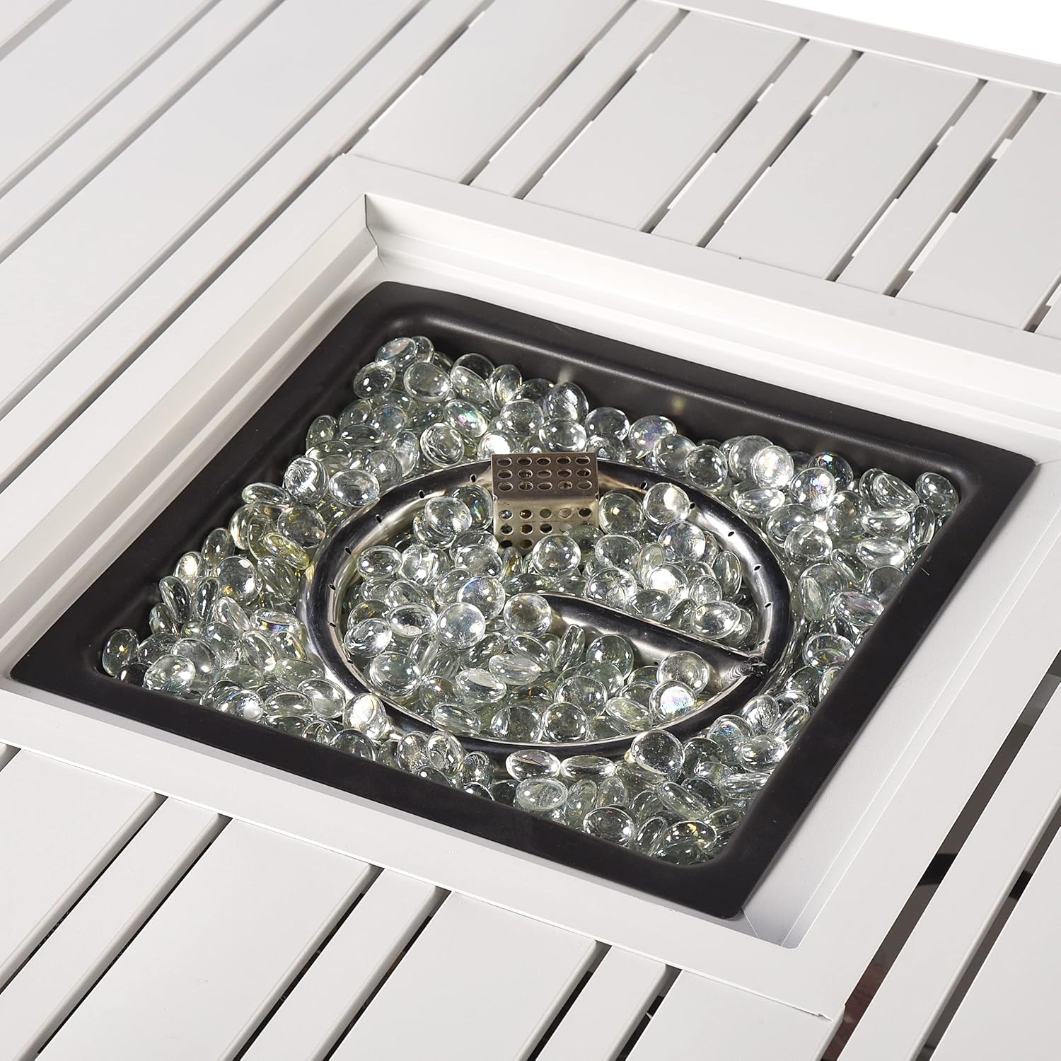 Square 32 in. x 32 in. Aluminum Propane Fire Pit Table with Glass Beads, Two Covers, Lid, 37,000 BTUs in White Finish