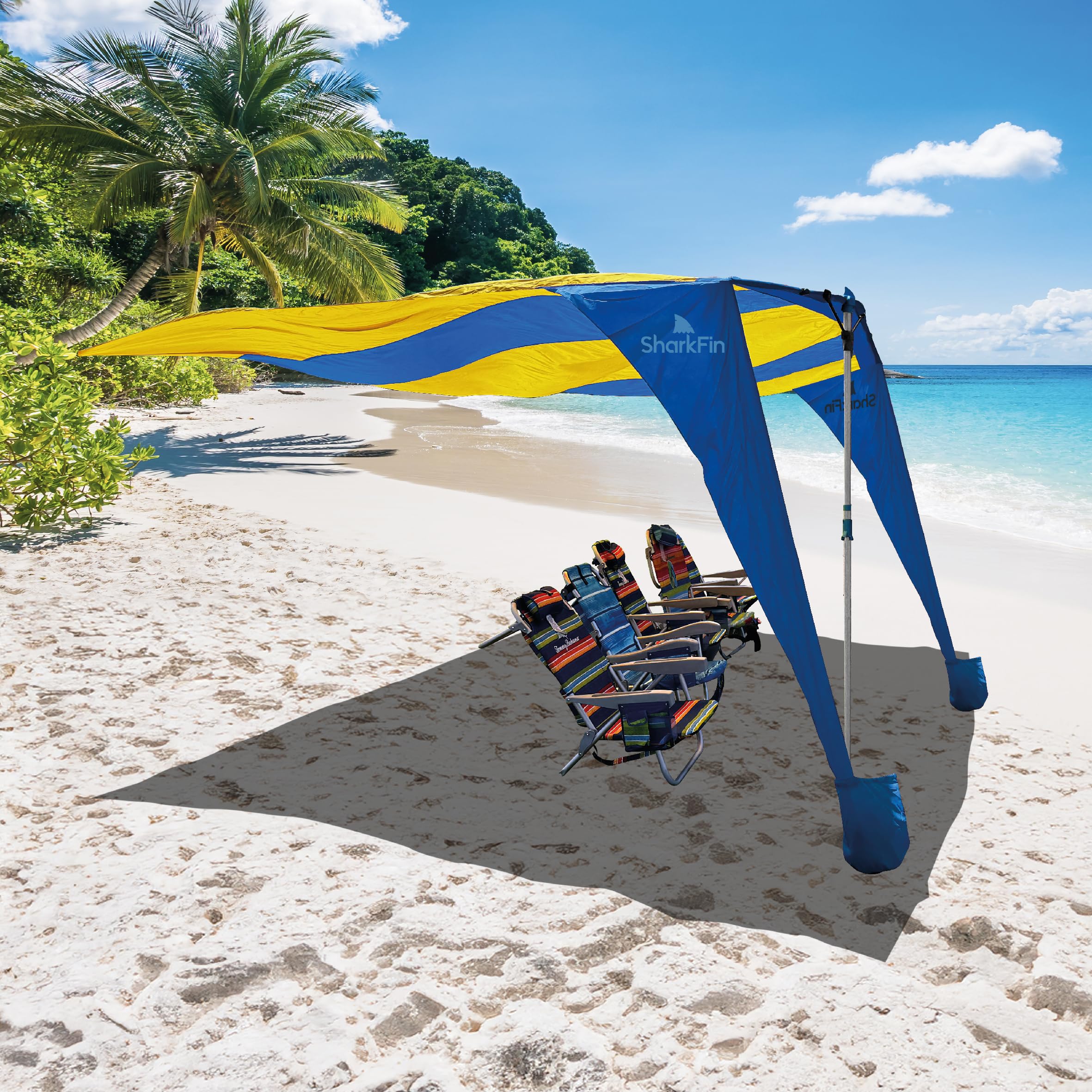 Shark FIN Shade Beach Tent Wind Sun Canopy Portable Easy Set Up UPF 50+ No Assembly Required 3-30 MPH - 1 to 8 People - Tie Downs Included - 2 Sizes Large 9' X 10' & Giant 13.5' X 10' PATENTS Pending-image-43