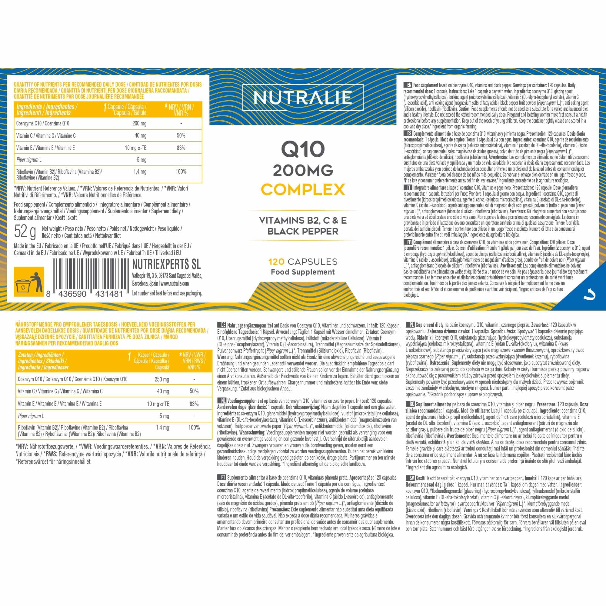 Coenzyme Q10 Complex 200mg - 120 Gélules Coq10 - Antioxydant avec Vitamine C, E et B2, Poivre Noir - Système Immunitaire - Ubiquinone Coenzyme Q10-120 Gélules Nutralie