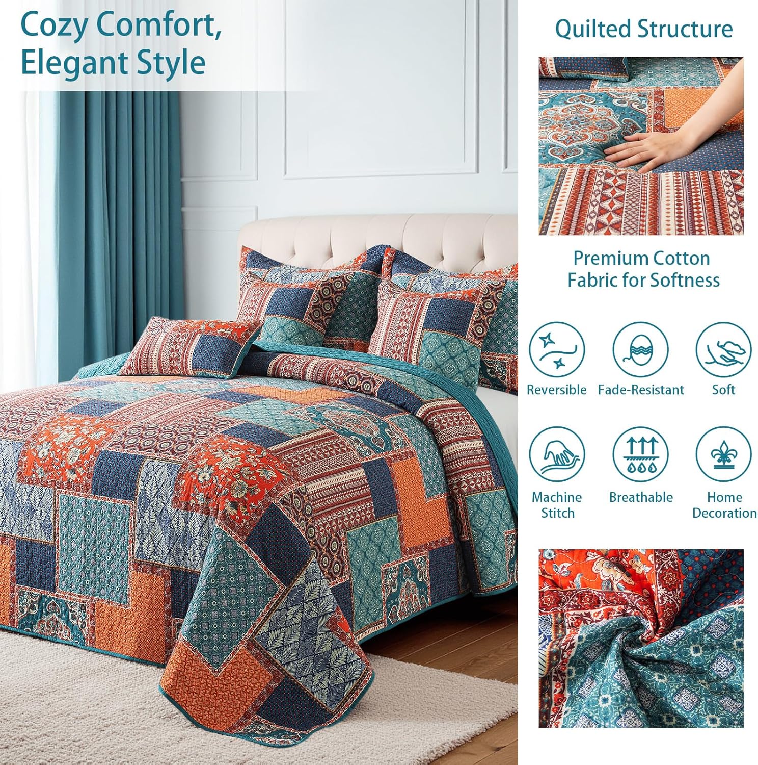 TWINRUN Cotton Quilts Queen Size, Cotton Queen Quilt Bedding Set, Soft Bedspreads (90 * 98 inch) Queen Size with Plaid Pattern, Farmhouse Lightweight Reversible Coverlet for All Season (3 Piece) - Image 2