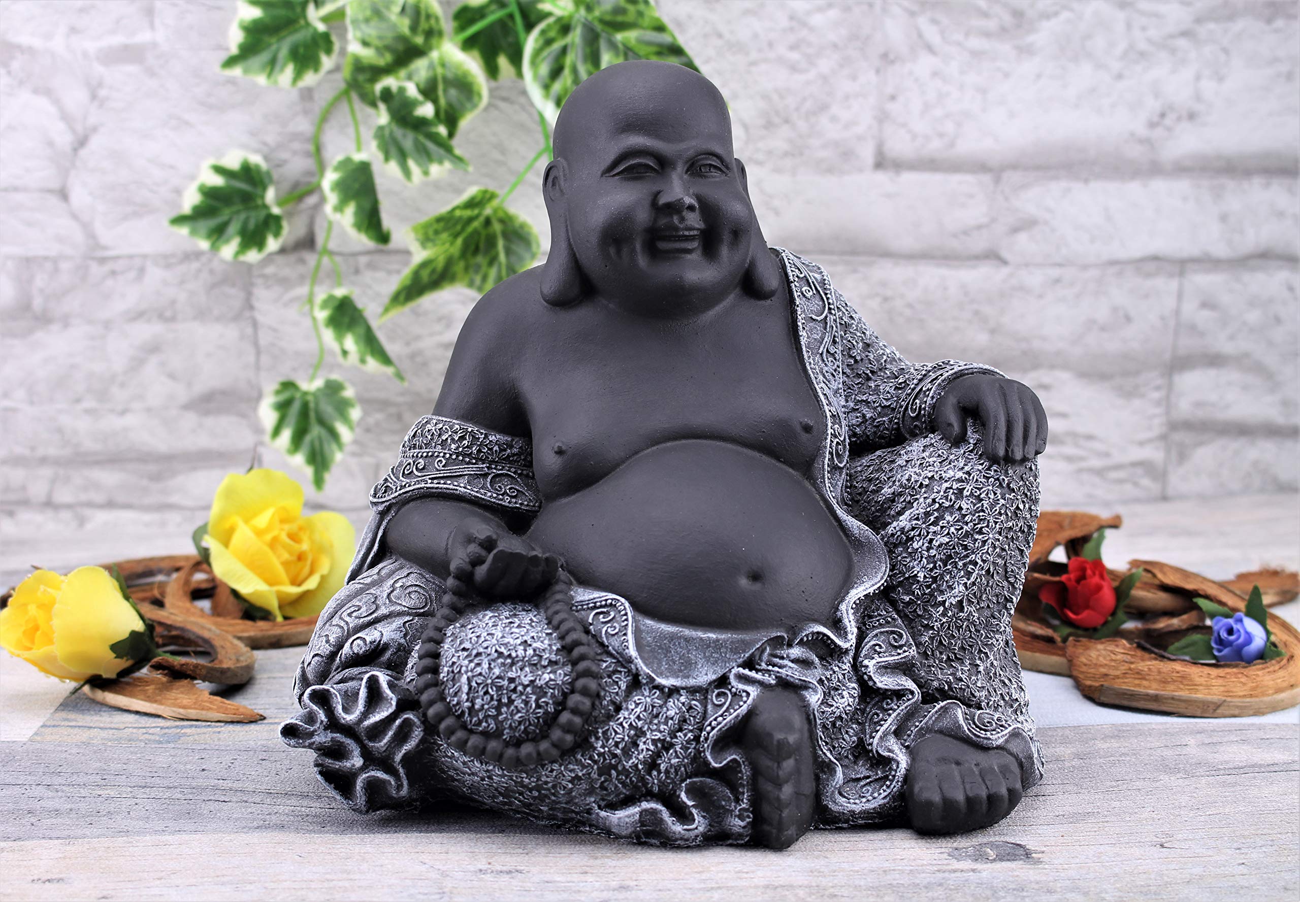Steinfigur Buddha, 197/1 Glücksbuddha Gartenfigur Steinguss Statue Basaltgrau Schwarz