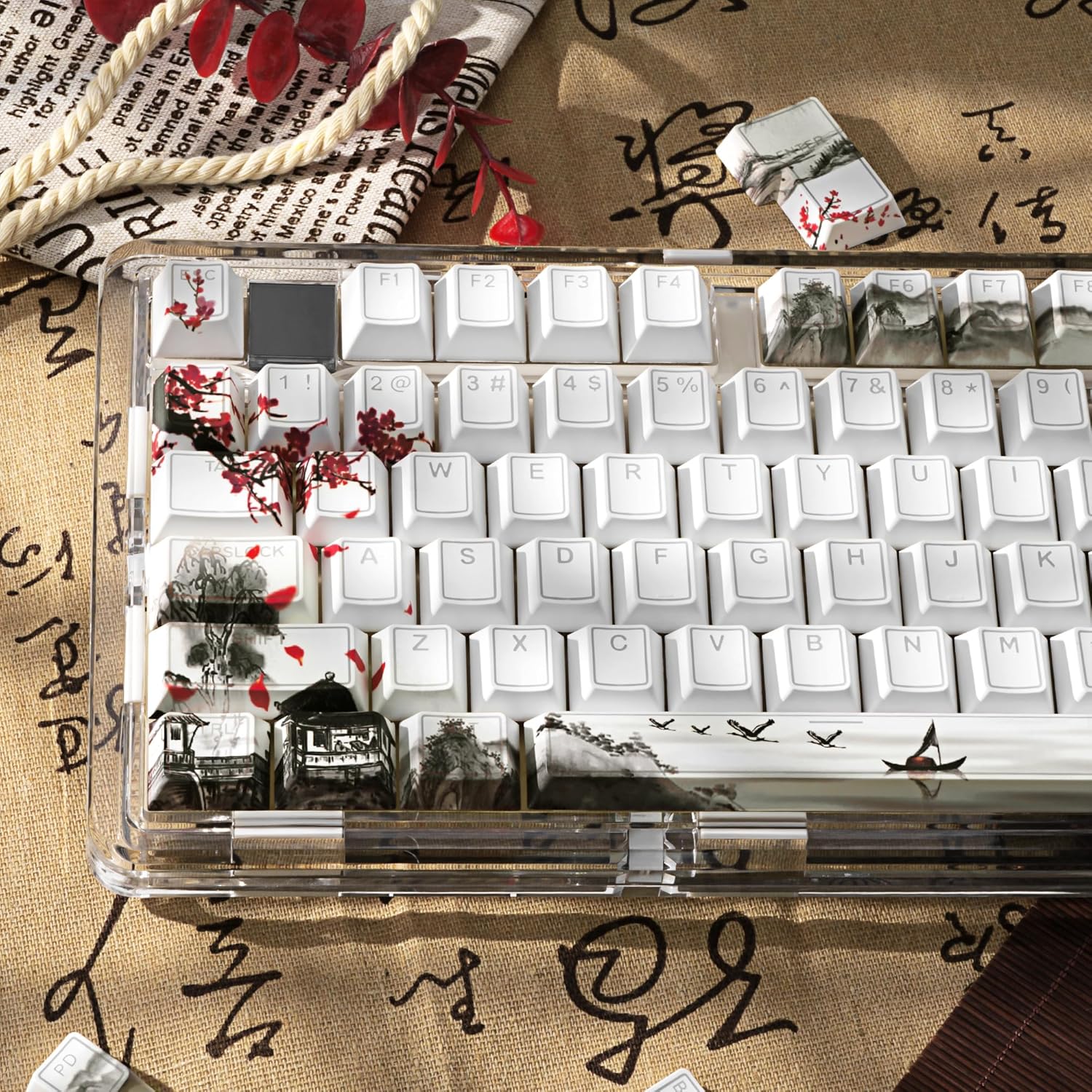 PBT Keycaps Set 142 Keys, Shine Through White Japanese Keycap, Plum Blossom Custom Double Shot Keycap Set, Cherry Profile Dye-Sublimation Key caps for Cherry MX Mechanical Keyboards