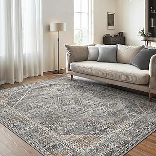 GENIMO Rugs Living Room 120x170cm,Washable No Pile Non-Slip Rug,Grey Durable Easy Clean Boho Carpet for Dining Room,Home Office