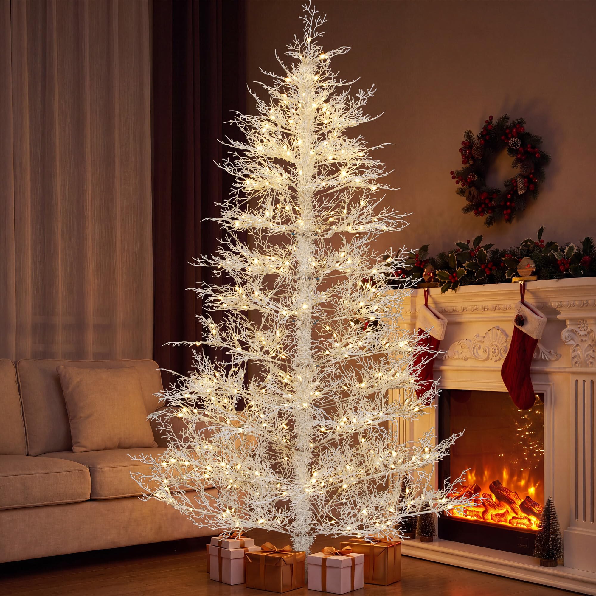DWVO 7.5FT White Pre-Lit Birch Christmas Tree 400 LED Lights W/Remoter