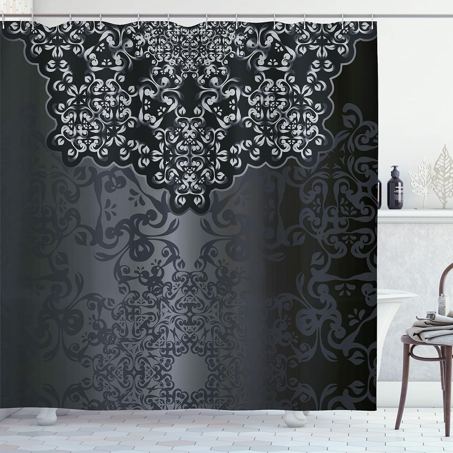 Ambesonne Dark Grey Shower Curtain, Vintage Damask Inspired Ornament Victorian Swirls Curlicues, Cloth Fabric Bathroom Decor Set with Hooks, 69" W x 70" L, Dimgrey Black Brown