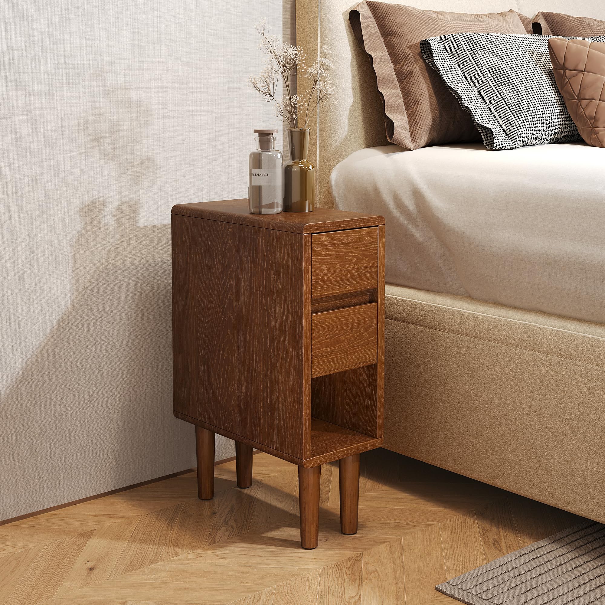 Narrow Nightstand 2 Drawers with Open Shelf Narrow Night Stand Solid Wood Bedside Table Mid Century Modern Nightstand Wooden End Table for Bedroom, Study, Office