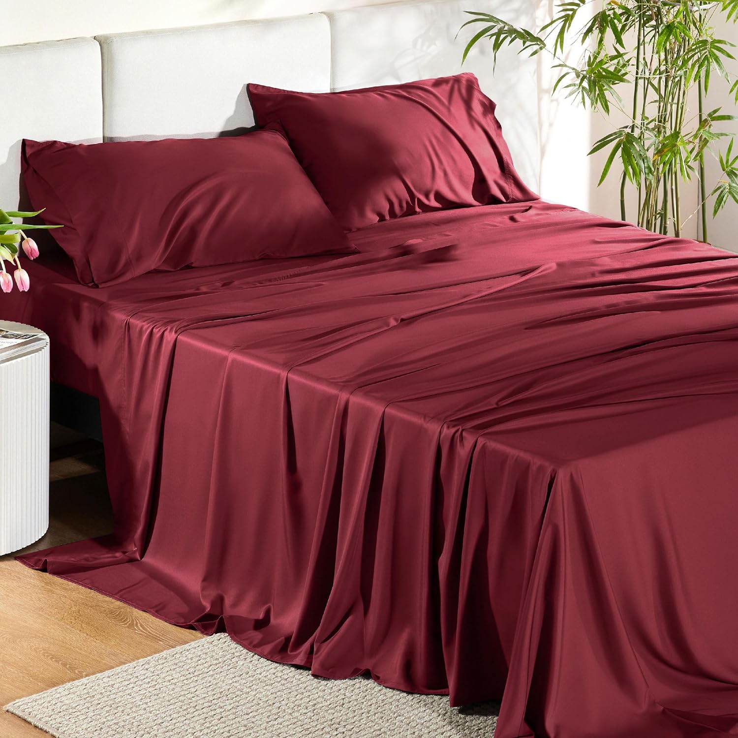 Bedsure King Size Sheets Set, Cooling Sheets for Hot Sleepers, Rayon Derived from Bamboo, Breathable & Soft, Deep Pocket Up to 16 Inches, Hotel Luxury Silky Bedding, Burgundy - Image 2