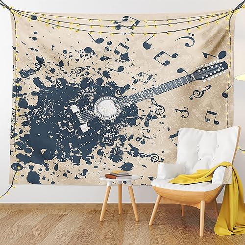 Miniatura 9 de Ambesonne Tapiz moderno, guitarra acústica sobre fondo retro turbio notas musicales, ilustración de melodía, colgante de pared para dormitorio, sala