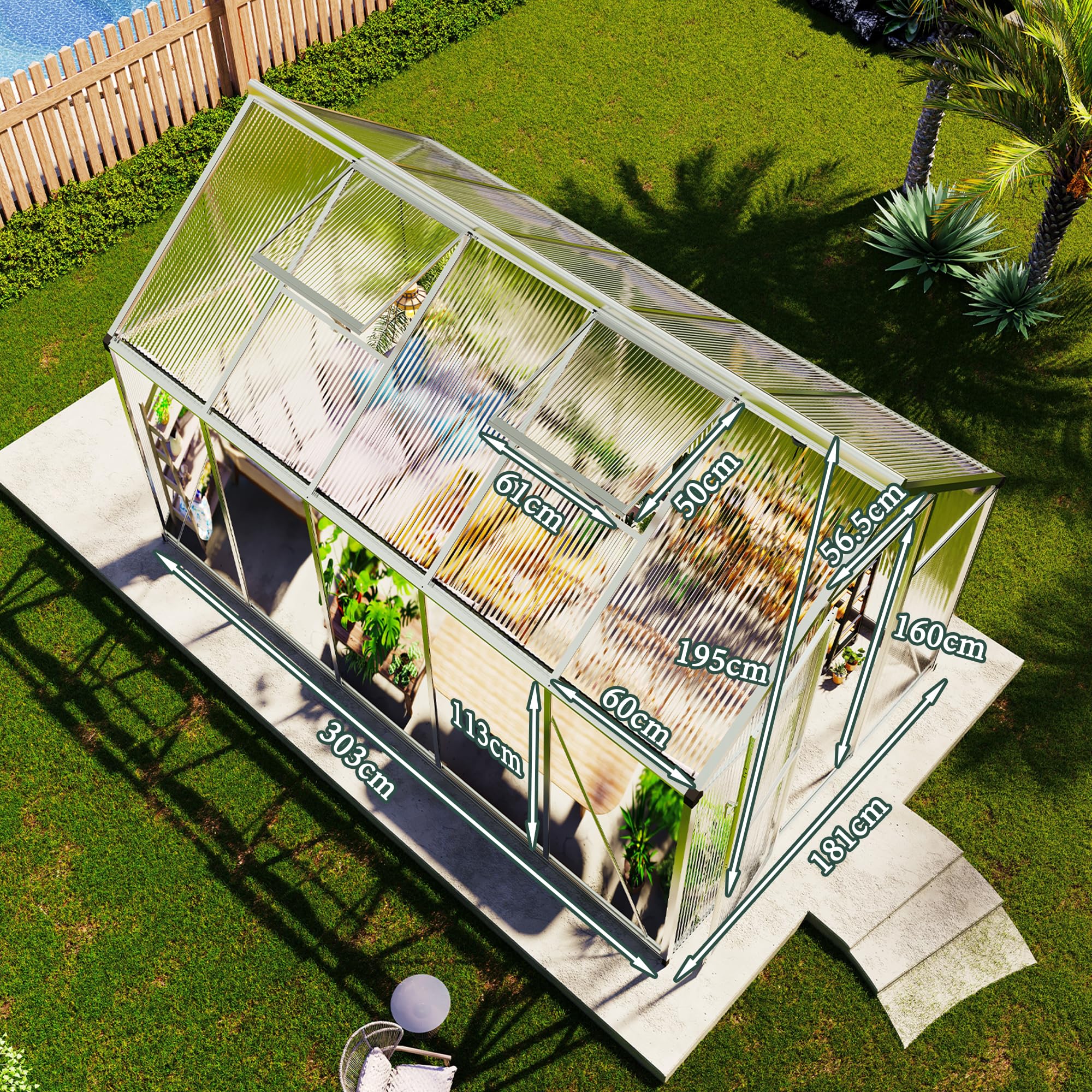 LUXOAK 181x303x195cm Gewächshaus mit Schnellmontage Verbindungen, stabilem Aluminiumrahmen und 2 Belüftungsfenstern, wetterfestes Hochleistungs-Gewächshaus für den Garten, Silber