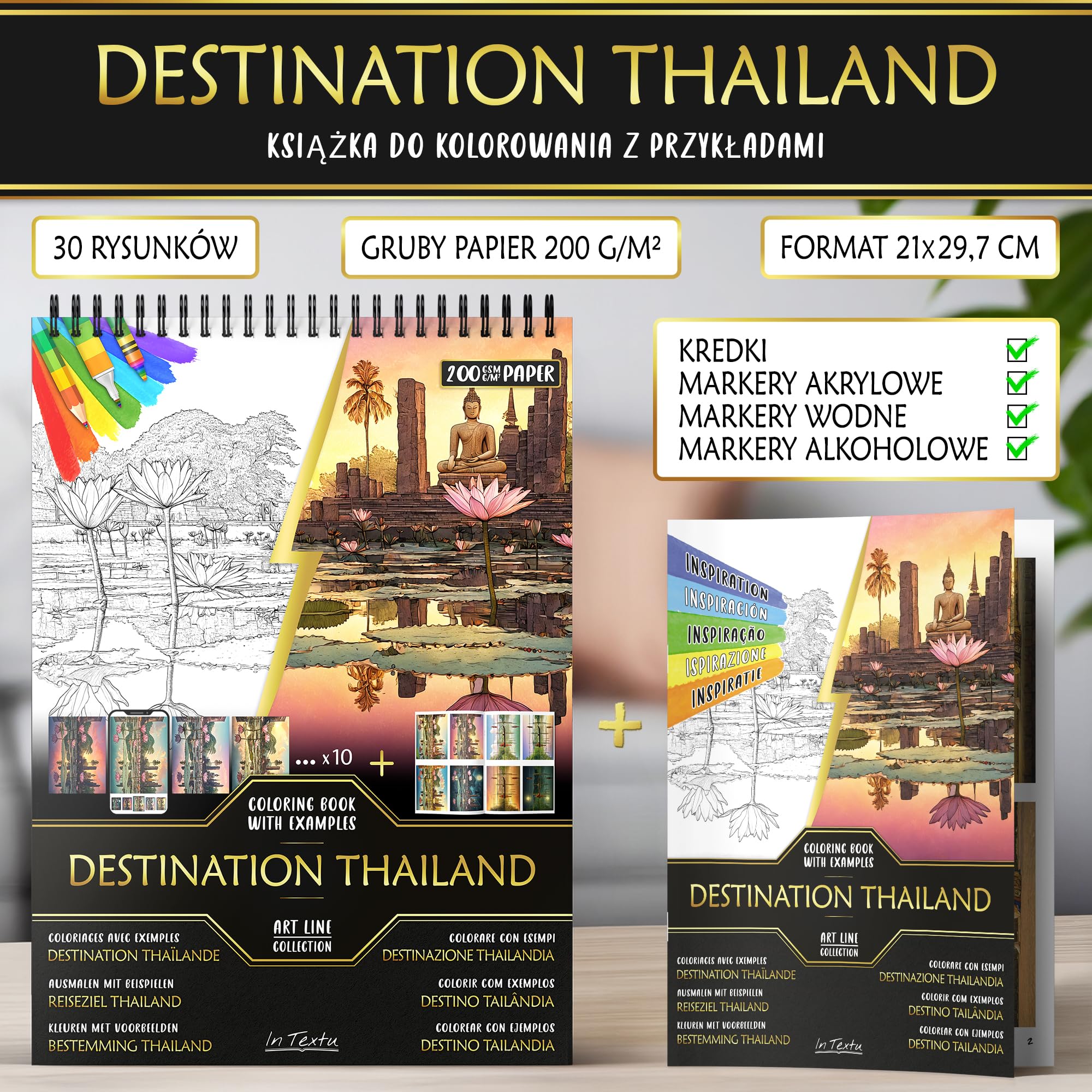 In Textu Kolorowanka dla Dorosłych Destination Thailand, Papier 200 g/m² | Oprawa spiralna, A4, jakość premium, 30 rysunków, 300 kolorowych wzorów, do kredek i markerów akrylowych/alkoholowych/wodnych