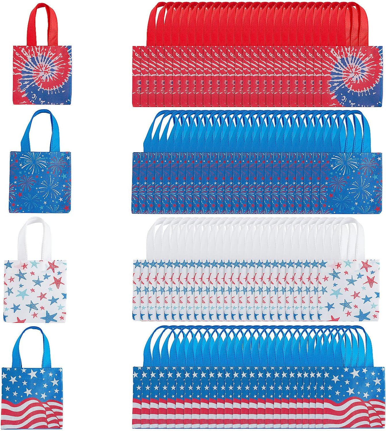 Fun Express 6" x 6" Mega Patriotic Mini Nonwoven Tote Bag Assortment – 100 Pieces