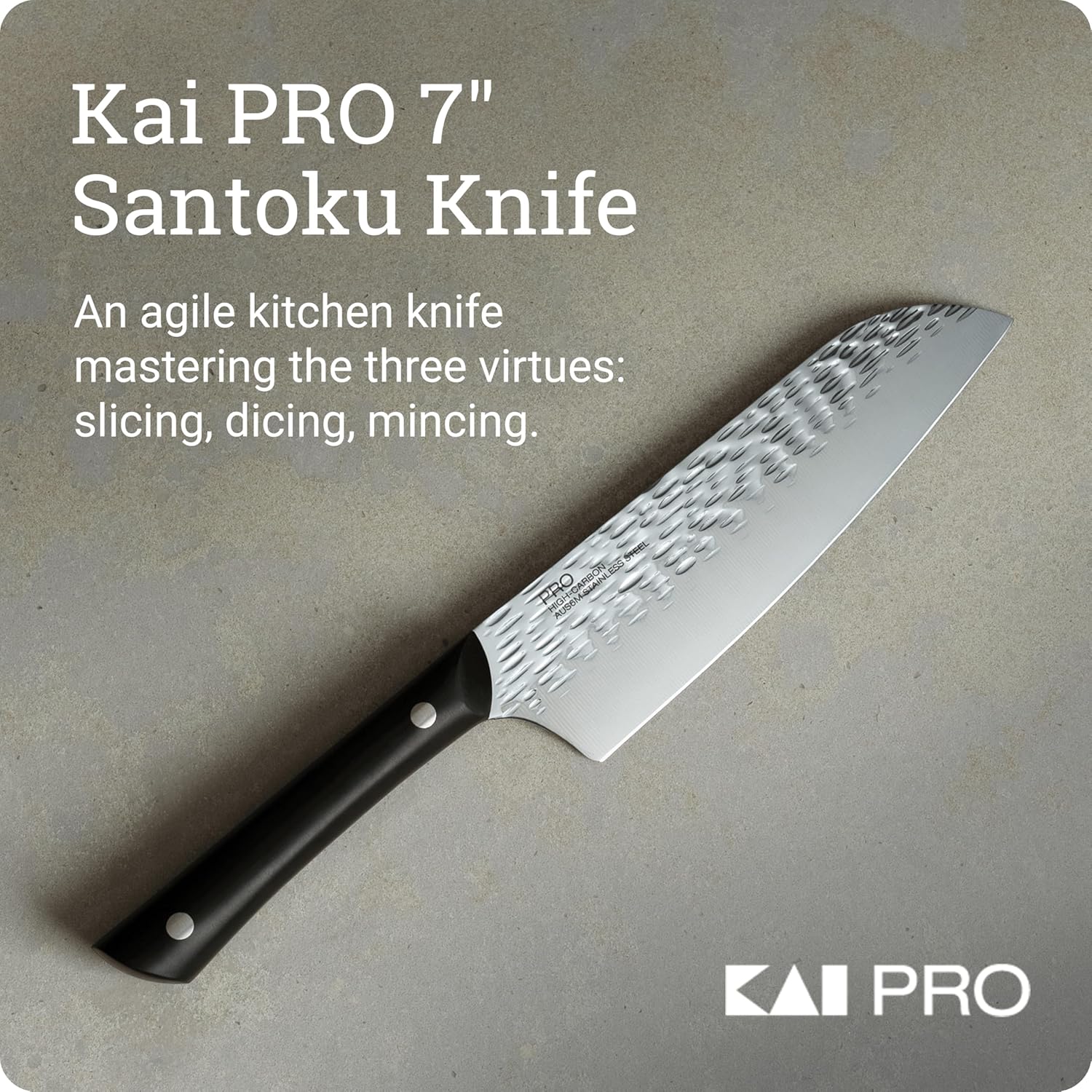 Kai PRO 7" Santoku Knife, Hand Sharpened All Purpose Knife, Japanese AUS6M Stainless Steel Blade, Full-Tang POM Handle, NSF Certified, Versatile Japanese Cutting Tool - Image 3
