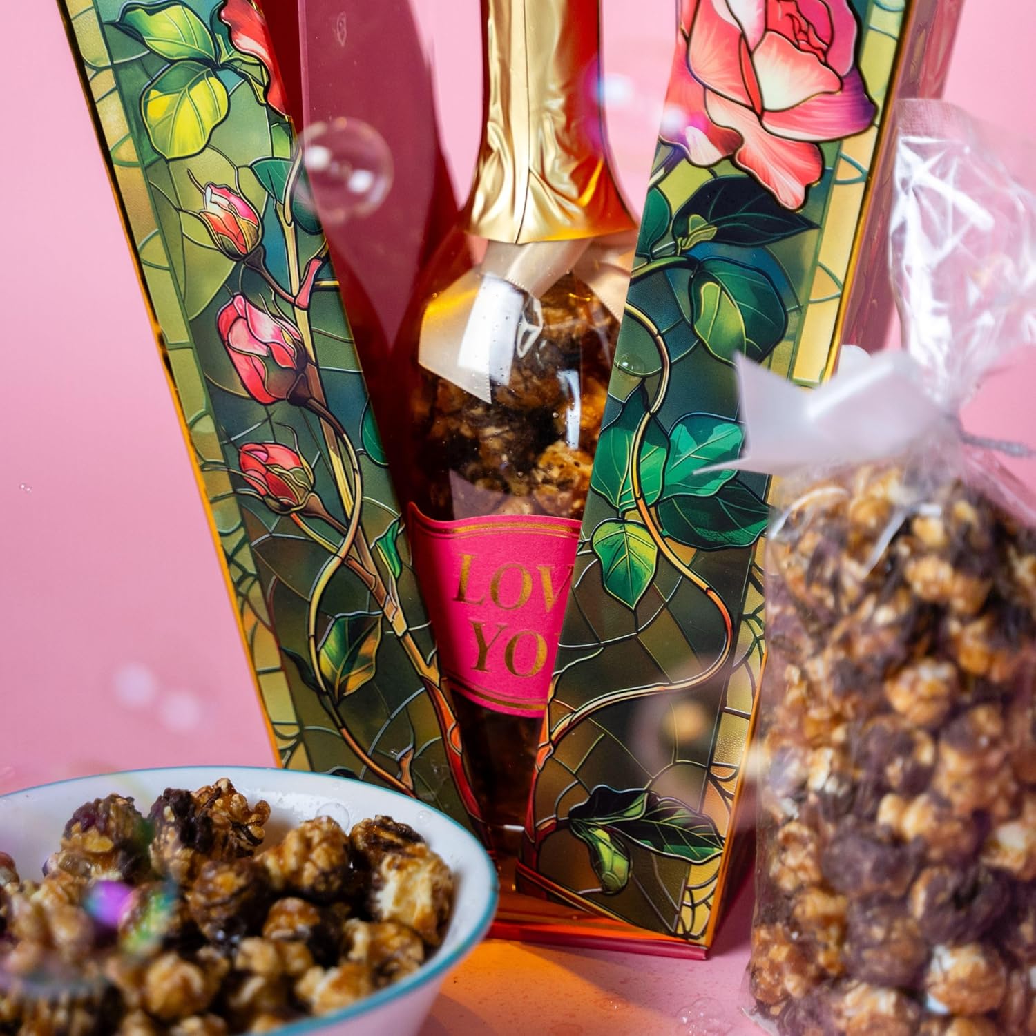 Rose Bubble Box with Caramel Chocolate Popcorn by Send A Cake, Ready to Gift, No Assembly Required - Happy Birthday Surprise - Unique Birthday Gift for Women, Men, Sister, Mom, Dad, Best Friend