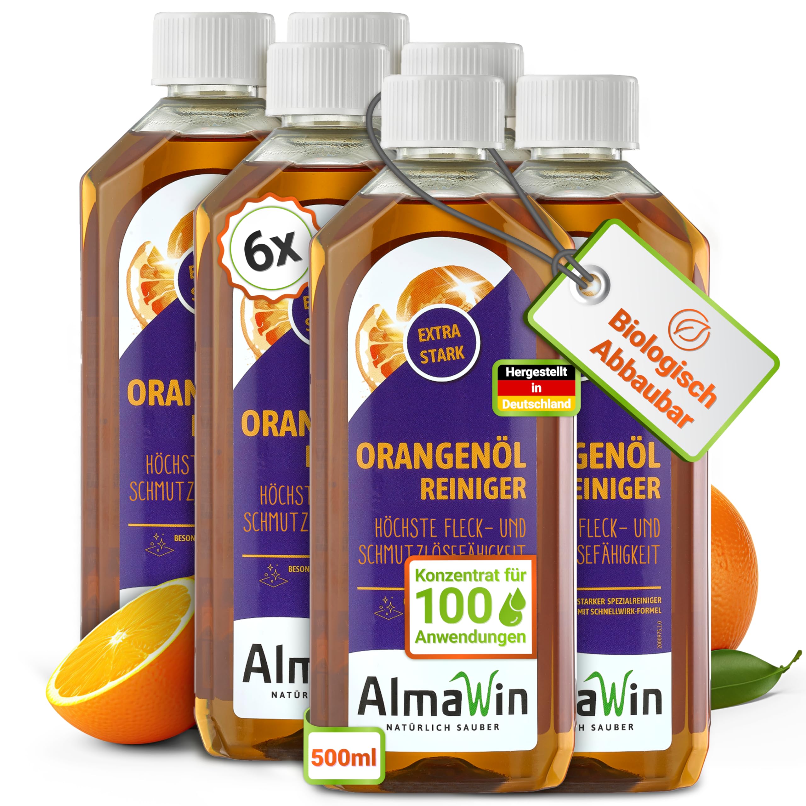 AlmaWin® Orangenöl Reiniger EXTRA STARK [6x 500ml] ideal als starker Allesreiniger & Fettlöser - Veganes Orangenreiniger Konzentrat in recycelter Flasche - Besonders ergiebiger Orangenölreiniger