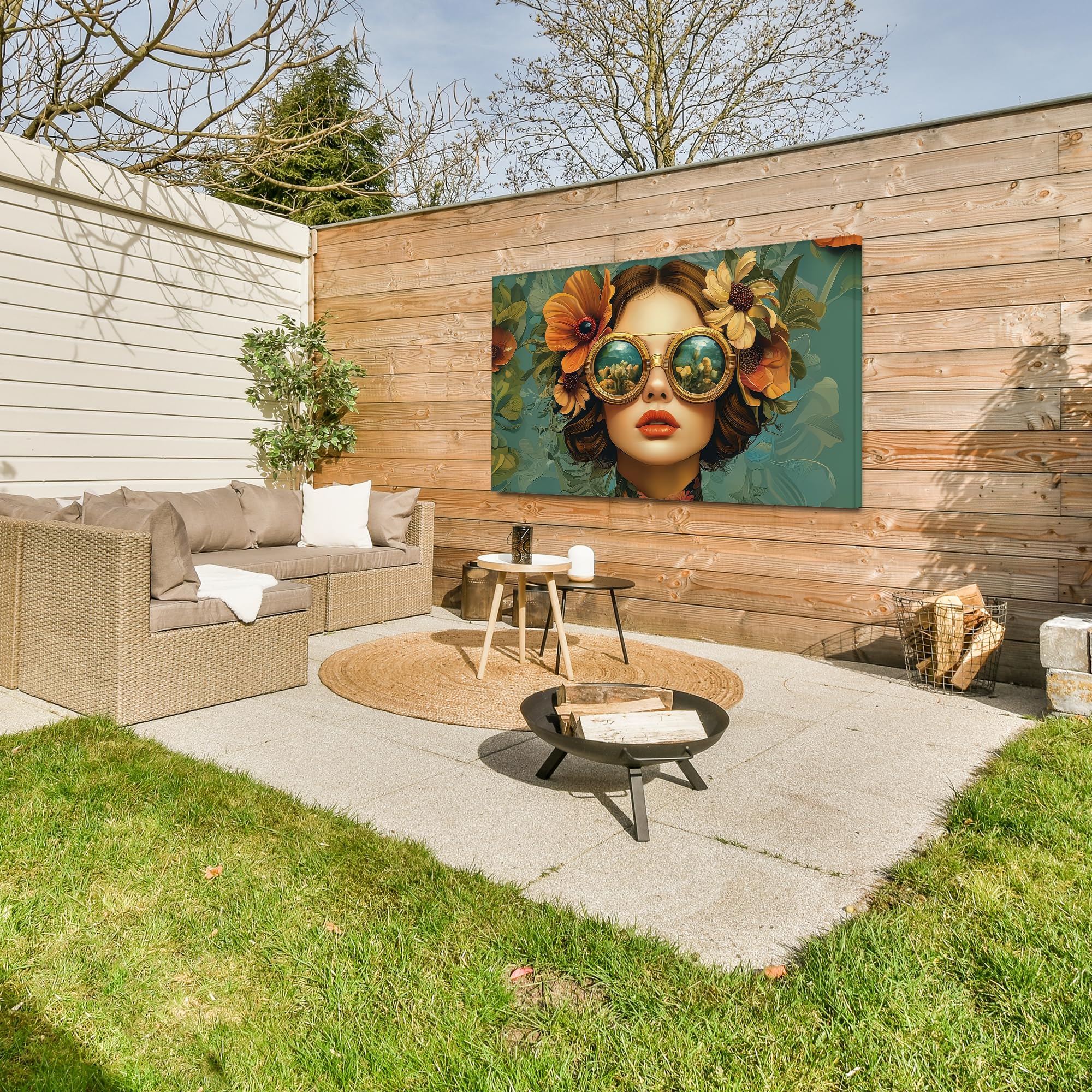 OnlyWow© Gartenbild Outdoor Leinwand Terrasse Decoration Wanddeko | 150x100 cm - Gartendeko Wetterfest Geschenk Wanddekoration Draußen Frau - Blumen - Schmetterlinge - Natur