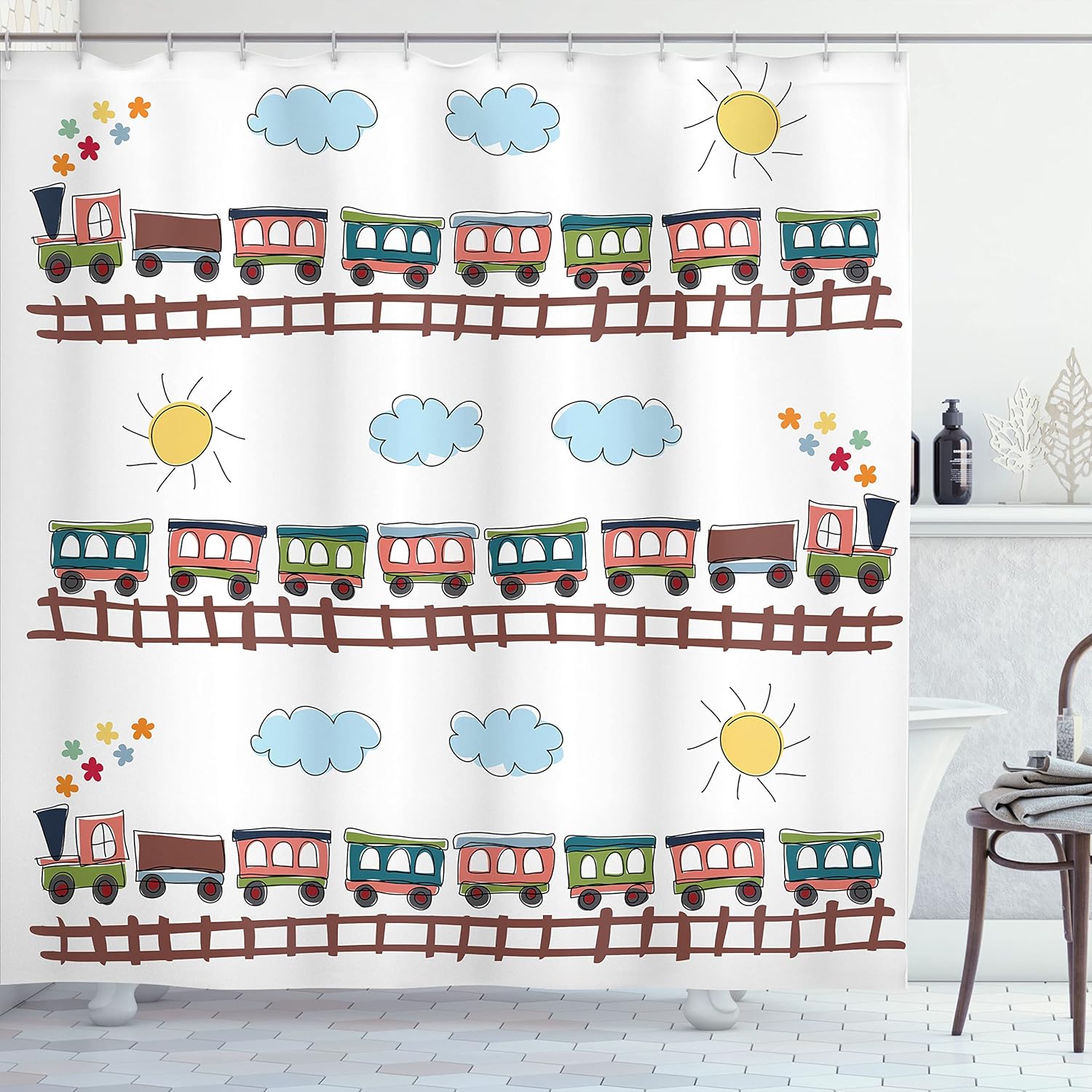 Ambesonne Cartoon Shower Curtain, Style Train and Tracklines on Sunny Day Hand Drawn Sun and Clouds Flowers, Cloth Fabric Bathroom Decor Set with Hooks, 69" W x 75" L, Chocolate Multicolor