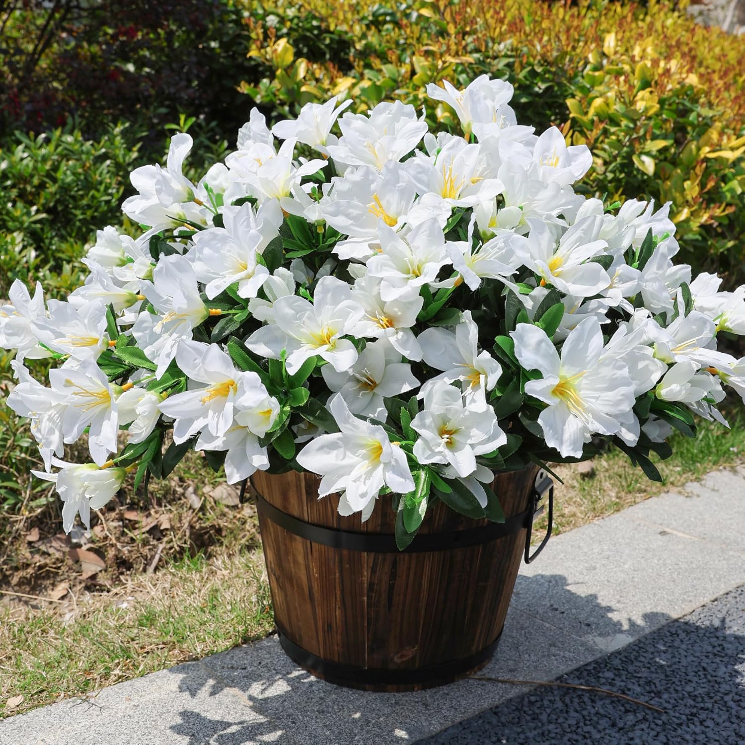 INSPRING Artificial Fake Spring Flowers for Outdoors Decoration, 3 Bundles Faux Azalea Plants Flower Look Real UV Resistant Silk Flowers for Outside Planters Patio Porch Garden Yard Window Home, White - Image 9