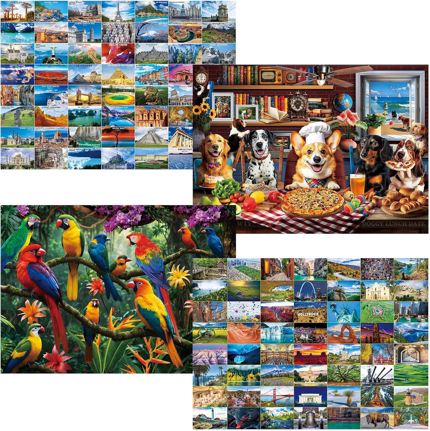 BenBen 1000 Piece Puzzle for Adults, 4 Pack Jigsaw Puzzles with Letters or Patterns on Back, World Landscape, USA Landmarks, Dogs' Dinner Party, Jungle Parrots