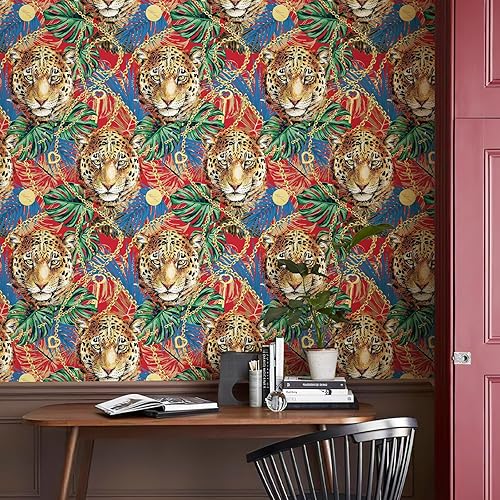 Miniatura 8 de HueBurst Papel tapiz de animales para despegar y pegar, papel tapiz de tigre amarillo, papel tapiz de selva, papel tapiz vintage con hojas