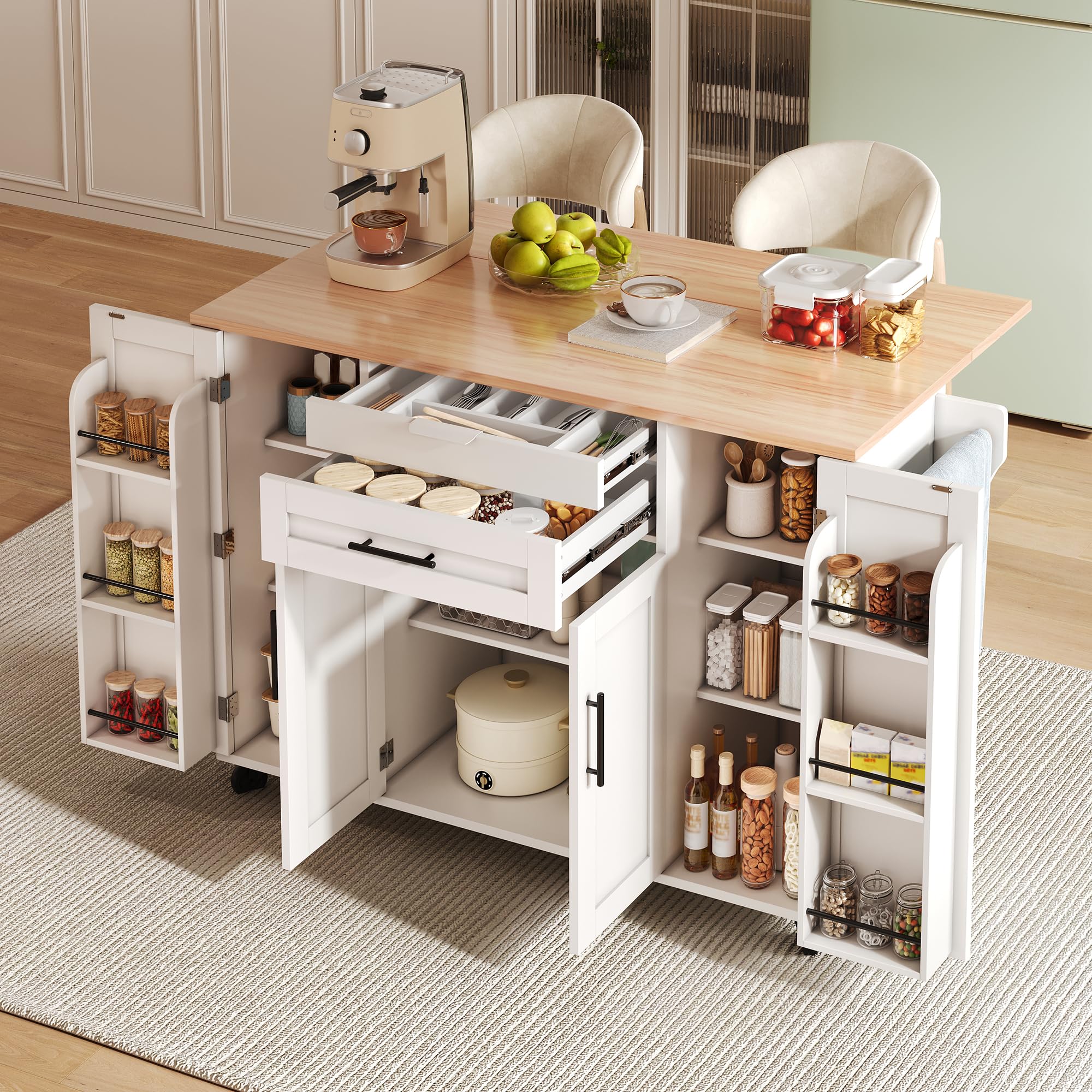 Isola da cucina indipendente con piano di lavoro pieghevole, carrello da cucina su 5 ruote, con ripiano e 2 cassetti, per cucina, sala da pranzo, 136 x 70 x 92 cm (bianco)