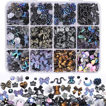 850 Pieces 3D Butterfly Rose Flower Bow Rabbit Bear Nail Charms Kit with Nail Art Rhinestones Pearls Crystal Gems Nail Slices for Manicure DIY Crafts Jewelry Accessories Black