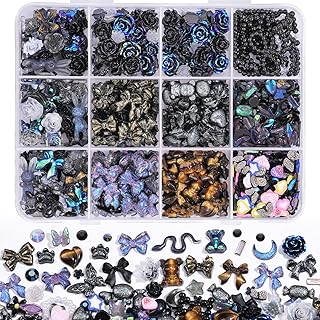 Kikonoke 850 Pieces 3D Butterfly Rose Flower Bow Rabbit Bear Nail Charms Kit with Nail Art Rhinestones Pearls Crystal Gems Nail Slices for Manicure DIY Crafts Jewelry Accessories (Black)