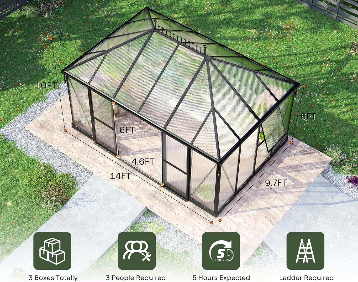 14×9.7×10 FT Greenhouse for Outdoors with 6 ft Double Swing Door & 2 Vents, Heavy Duty Green House with Aluminum Frame for Outside Patio Backyard Garden