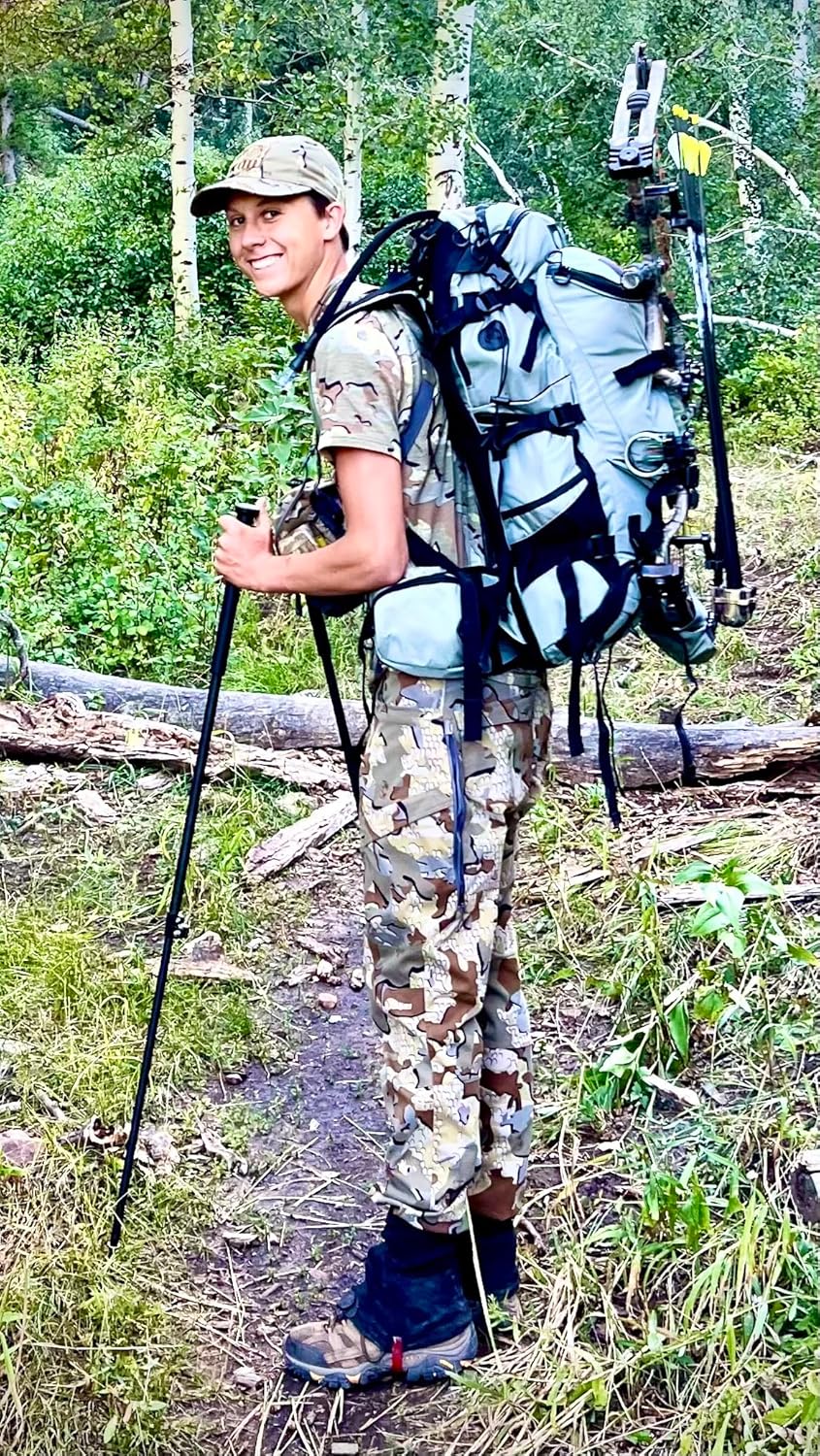 Premium Hunting Backpack with Bipod, Tripod, Binocular case, Trekking poles. and Meat-shelf Designed by Hunters for Hunters in the Rocky Mountains of Utah.