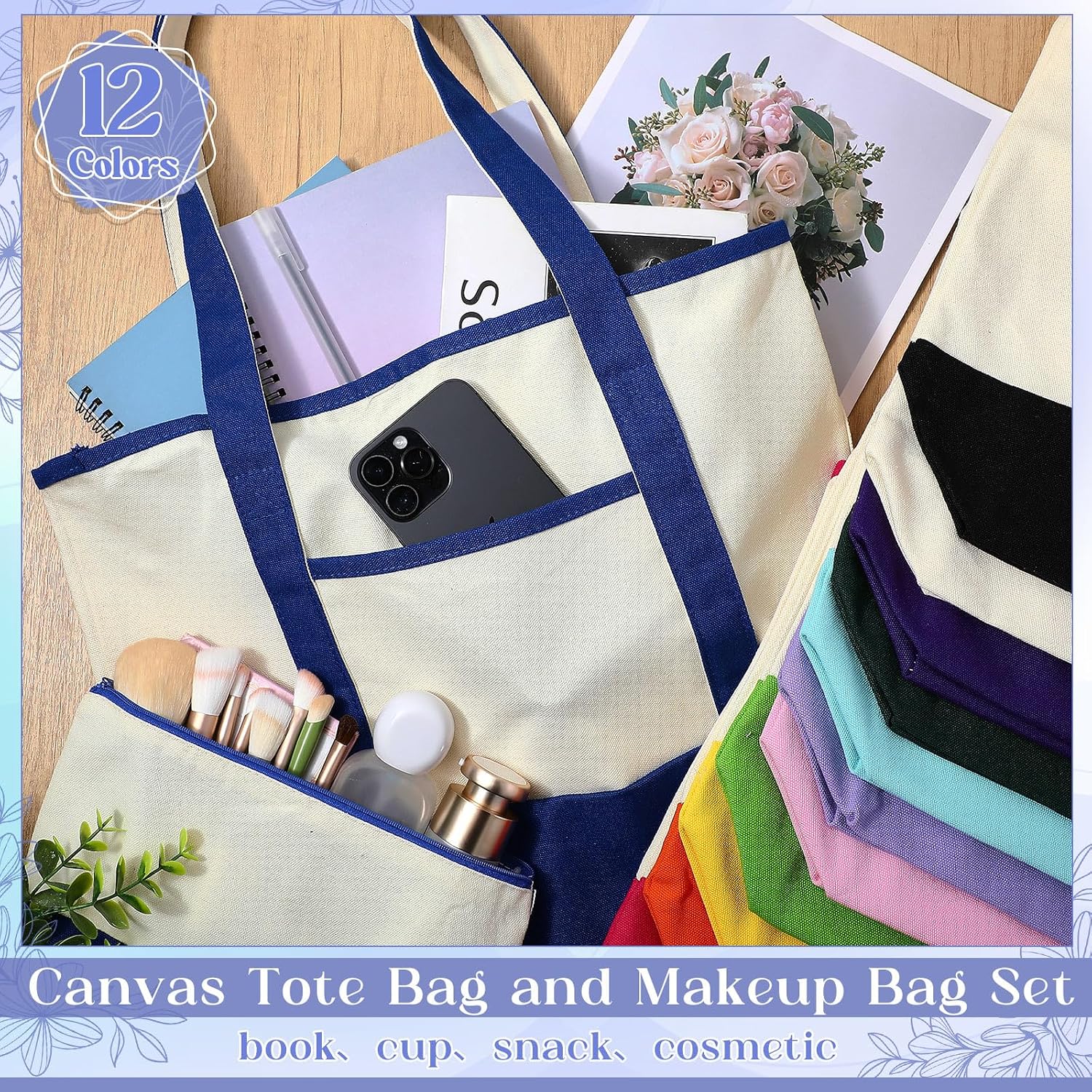 Sanwuta Canvas Tote Bags Bulk with Outer Pocket and Makeup Pouch 18'' Reusable Grocery Bags with Handles for Women Beach DIY