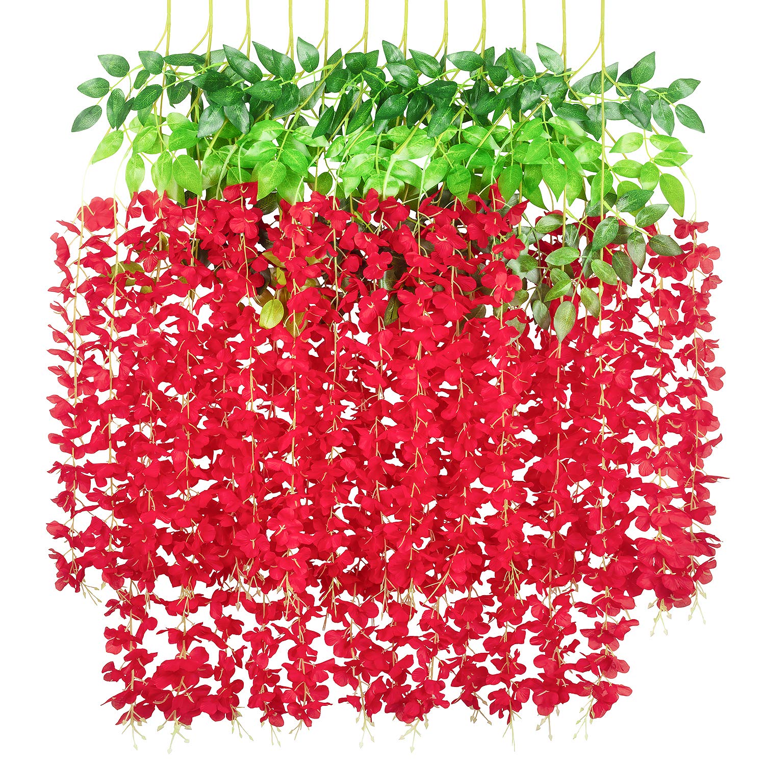 GPARK (36 Branches 12 Pack /45 inch /3.7ft Wisteria Hanging Artificial Flowers Fake Bushy Silk Vine Garland String for Wedding Party Garden Greenery Home Wall Deco Red