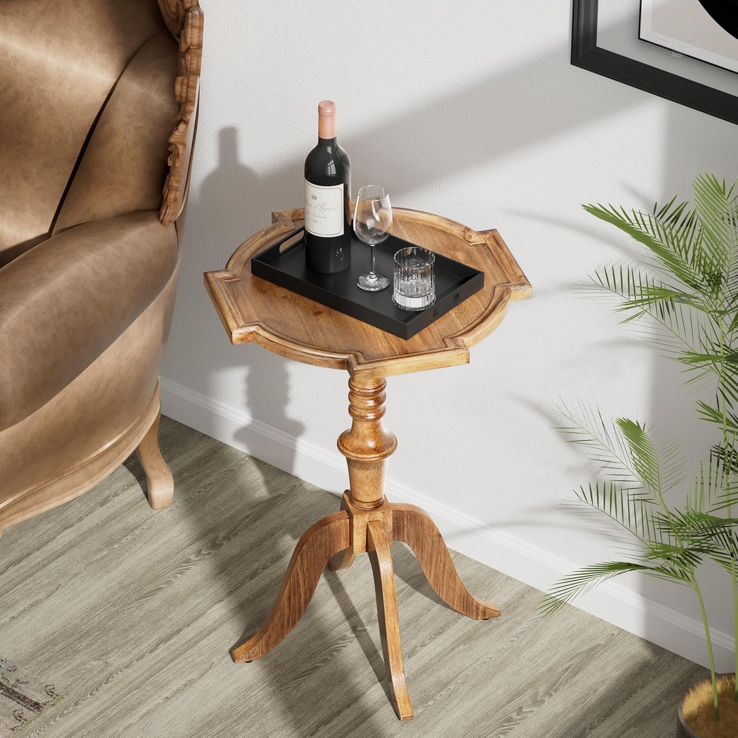 COZAYH Rustic Pedestal End Table, Distressed Farmhouse Side Table with Unique Tray-Style Wooden, Accent End Table for Bedroom, Living Room, Entryway, Brown