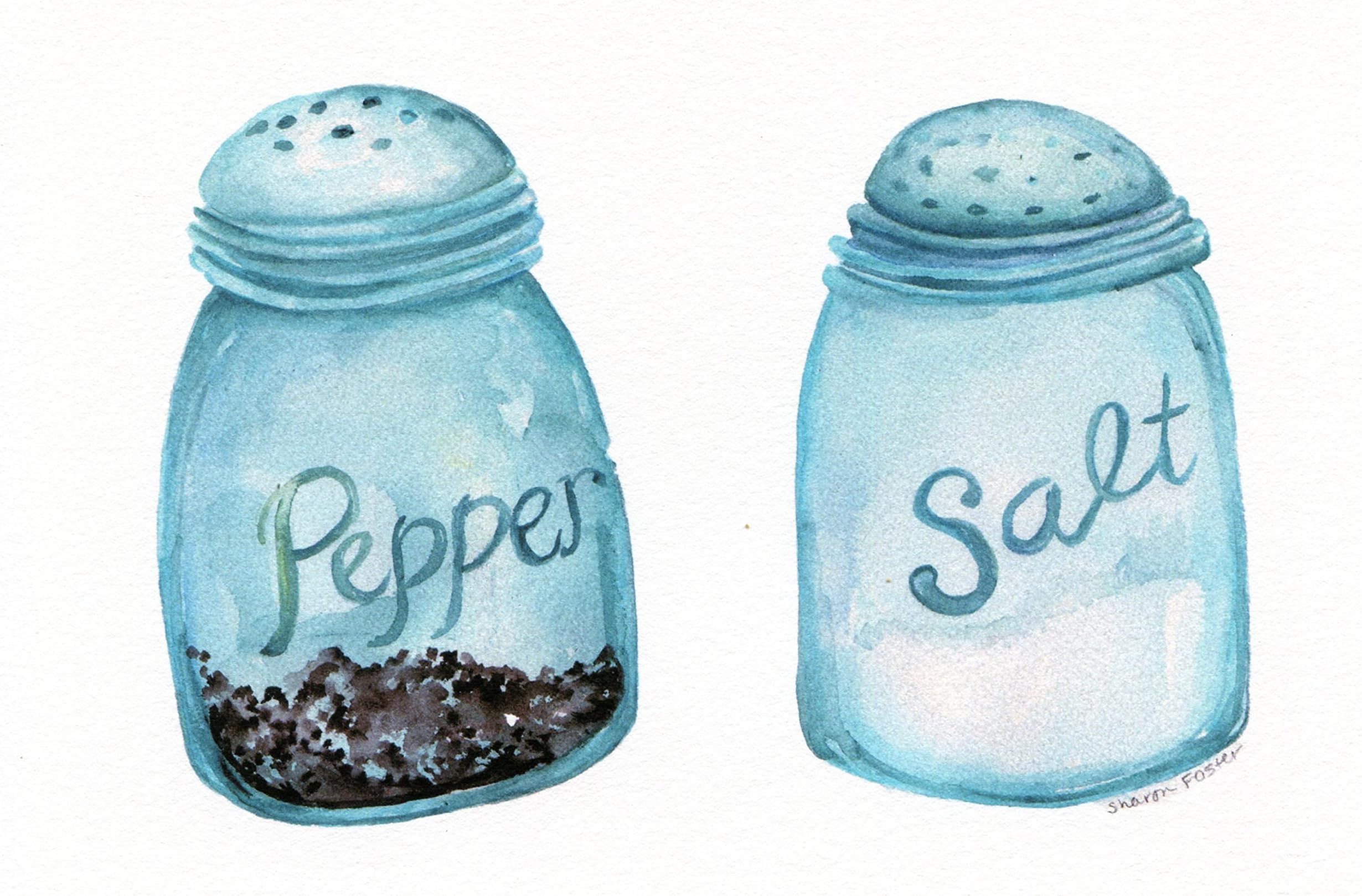 watercolor print -Salt & Pepper Blue Canning Jars 5 x 7, Culinary, kitchen, Farmhouse decor art print, mason jar salt and pepper shaker ART - print of original watercolor